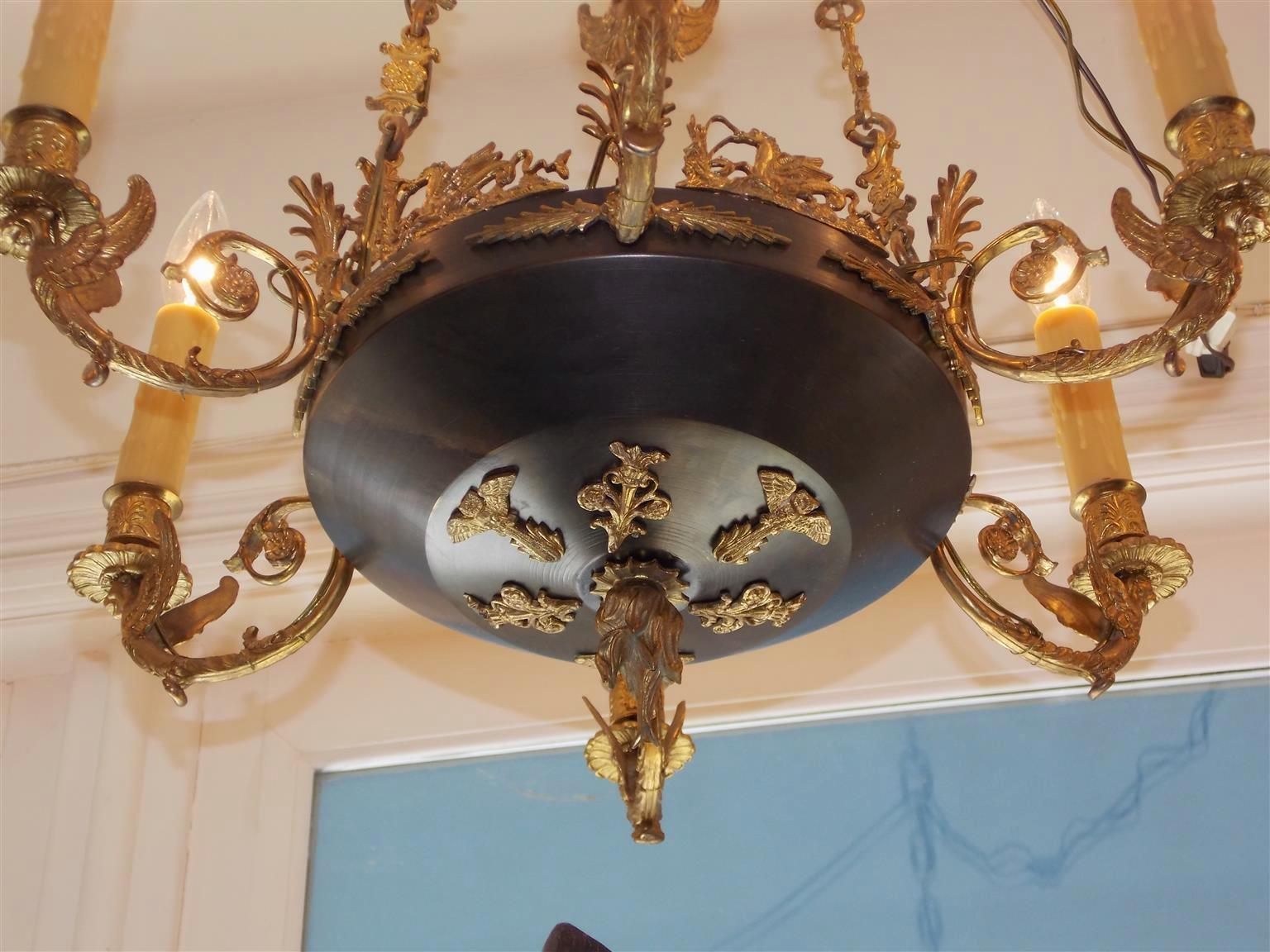 Early 19th Century French Regency Gilt Bronze and Painted Palmette Hanging Chandelier, Circa 1820 For Sale