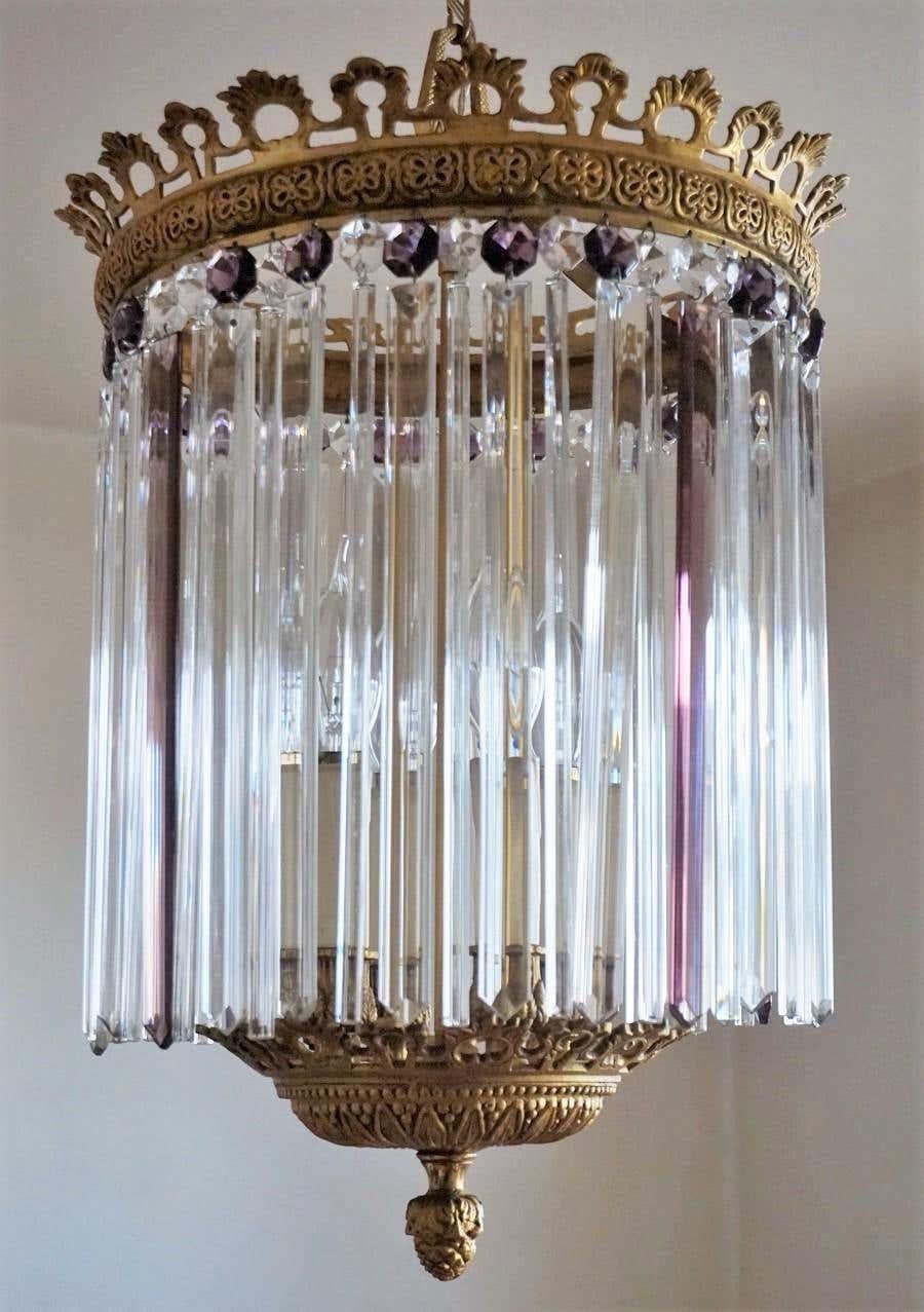 French Regency Gilt Bronze Crystal Prism Four-Light Lantern or Chandelier 1