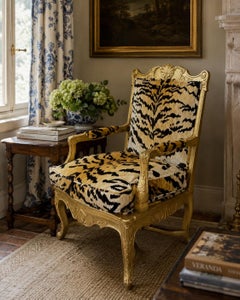 French Regency Giltwood Fauteuil in Scalamandré “Le Tigre” Silk Velvet