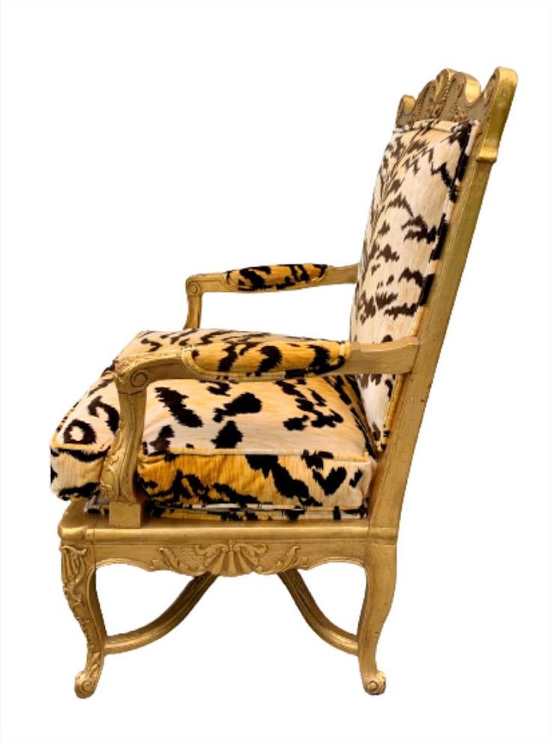 French Regency Giltwood Fauteuil Lounge Chair in Scalamandré Le Tigre Tiger Silk For Sale 3