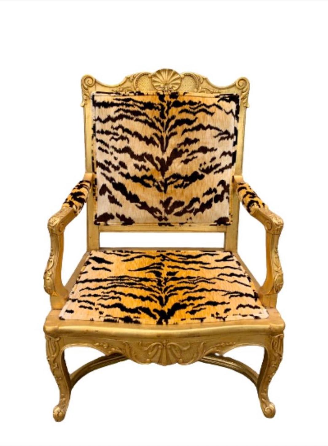 French Regency Giltwood Fauteuil Lounge Chair in Scalamandré Le Tigre Tiger Silk For Sale 5