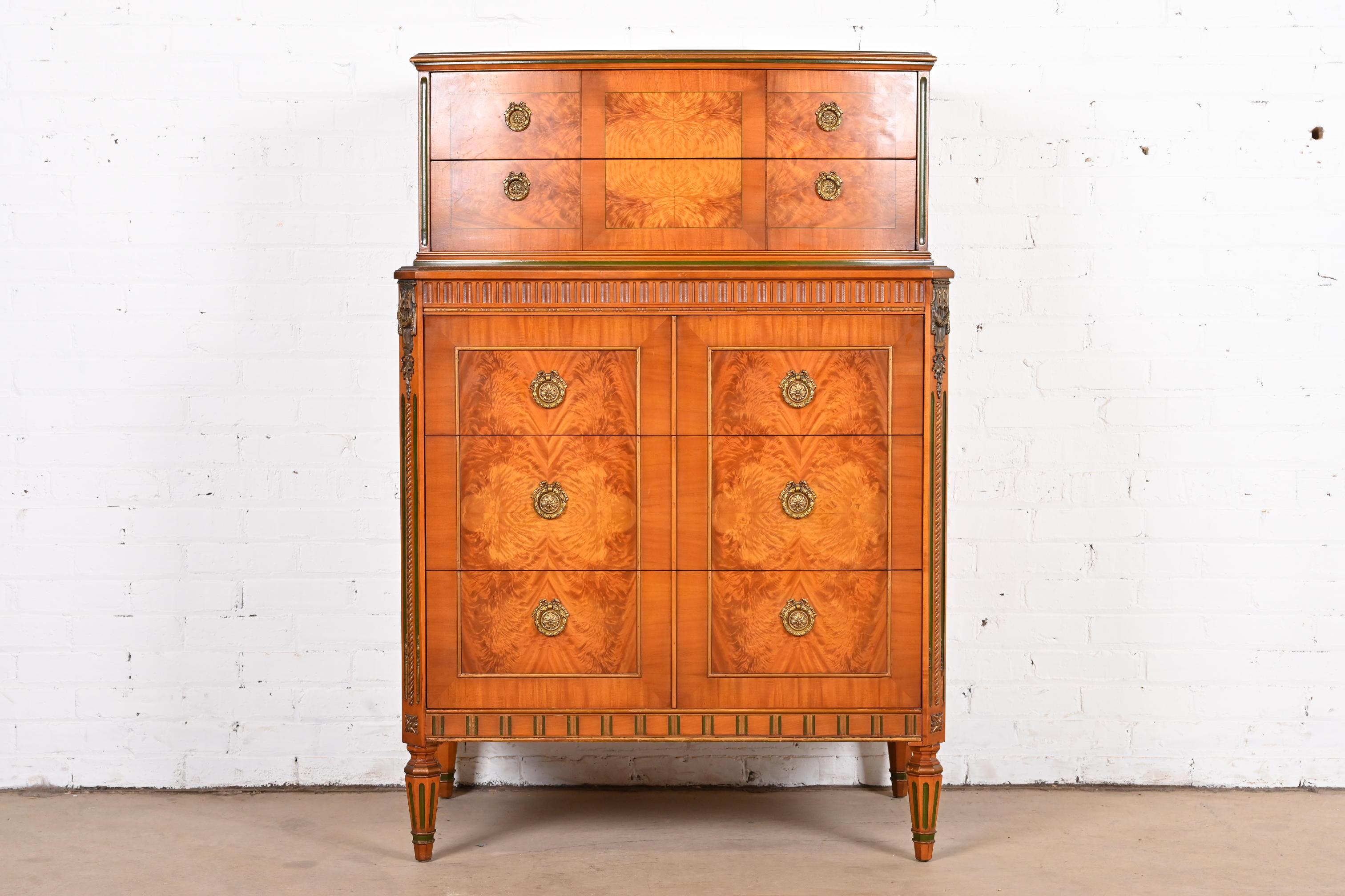 American French Regency Louis XVI Burl Wood Highboy Dresser Attributed to Romweber, 1930s