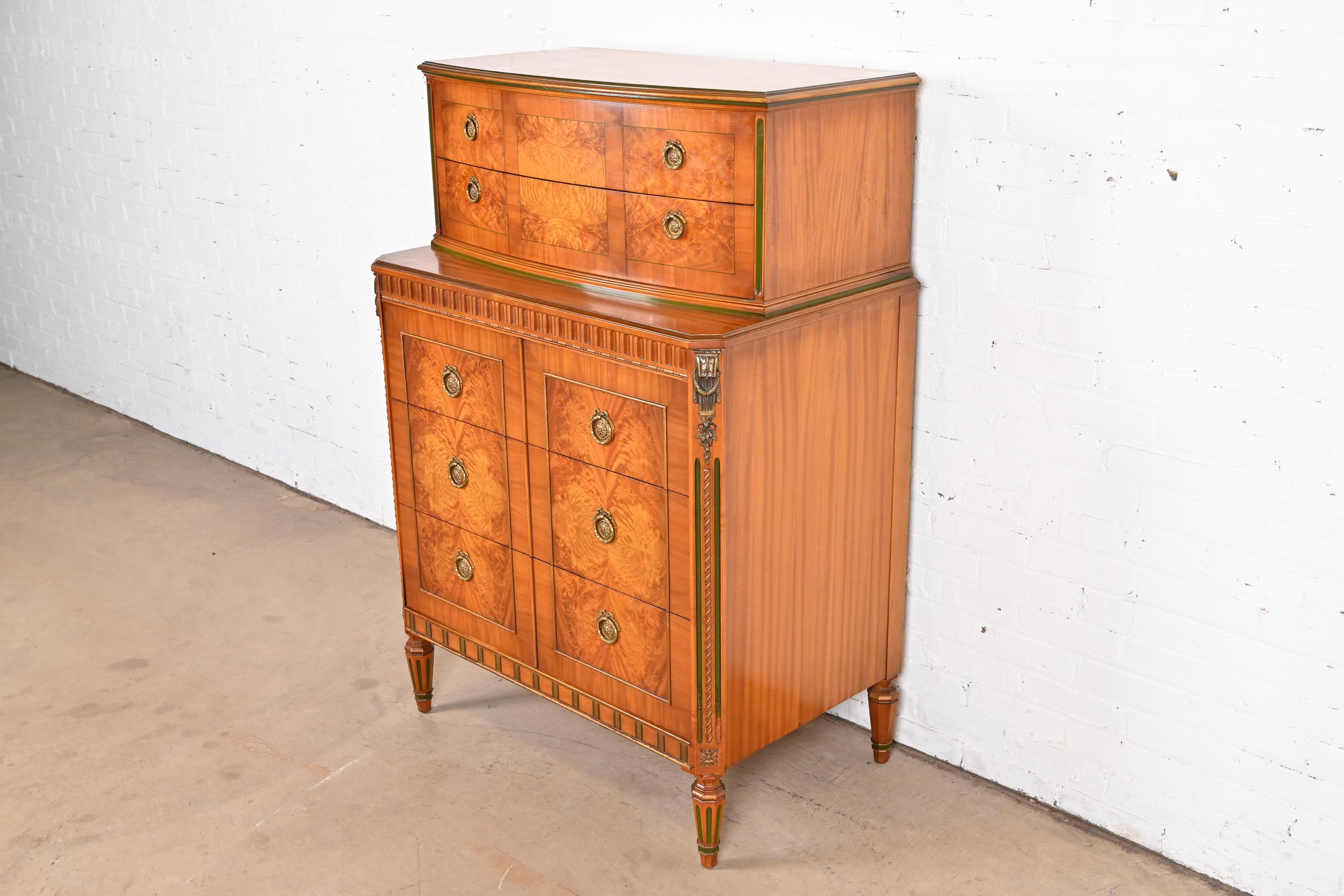 French Regency Louis XVI Burl Wood Highboy Dresser Attributed to Romweber, 1930s In Good Condition In South Bend, IN