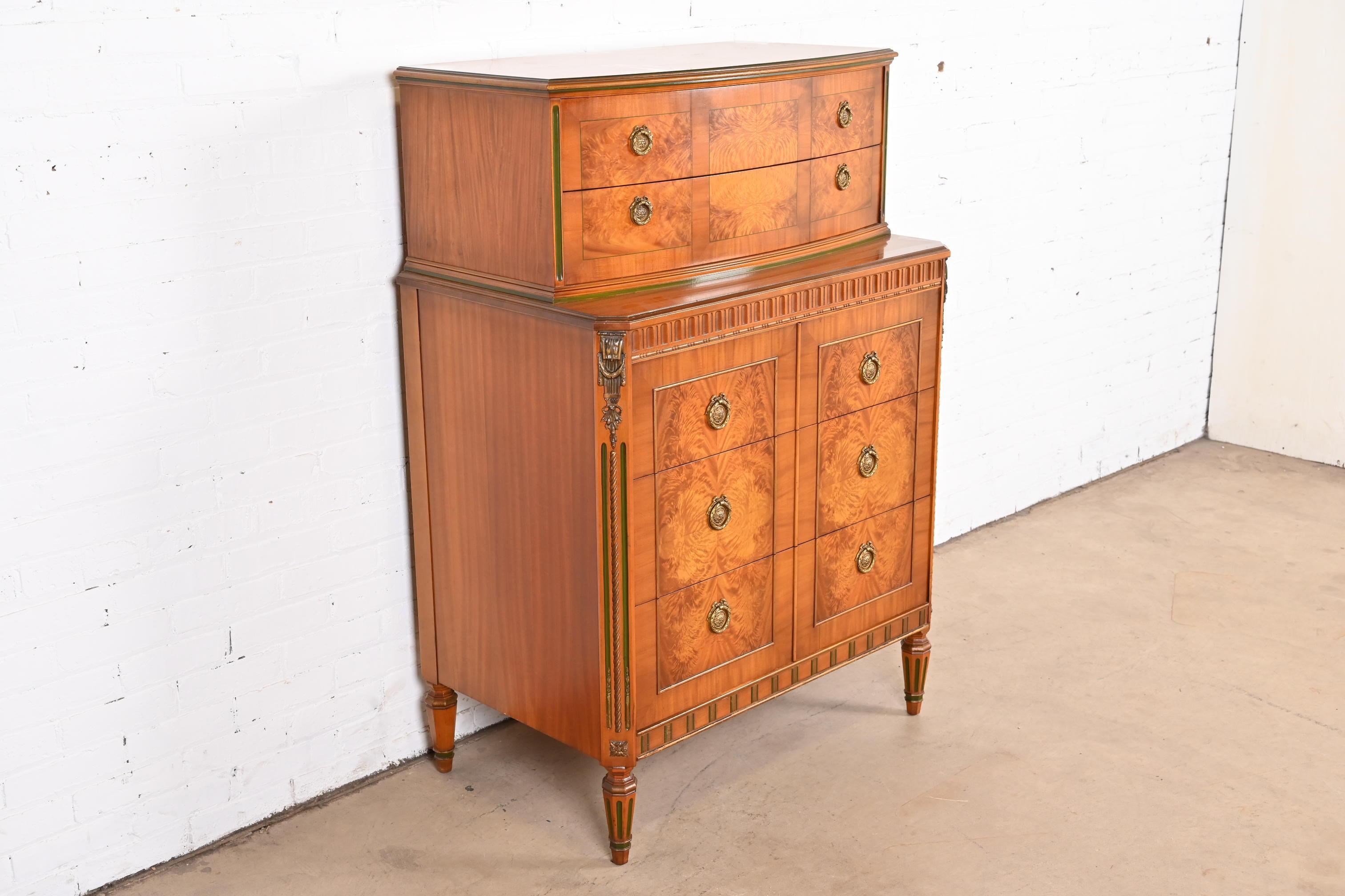 Mid-20th Century French Regency Louis XVI Burl Wood Highboy Dresser Attributed to Romweber, 1930s