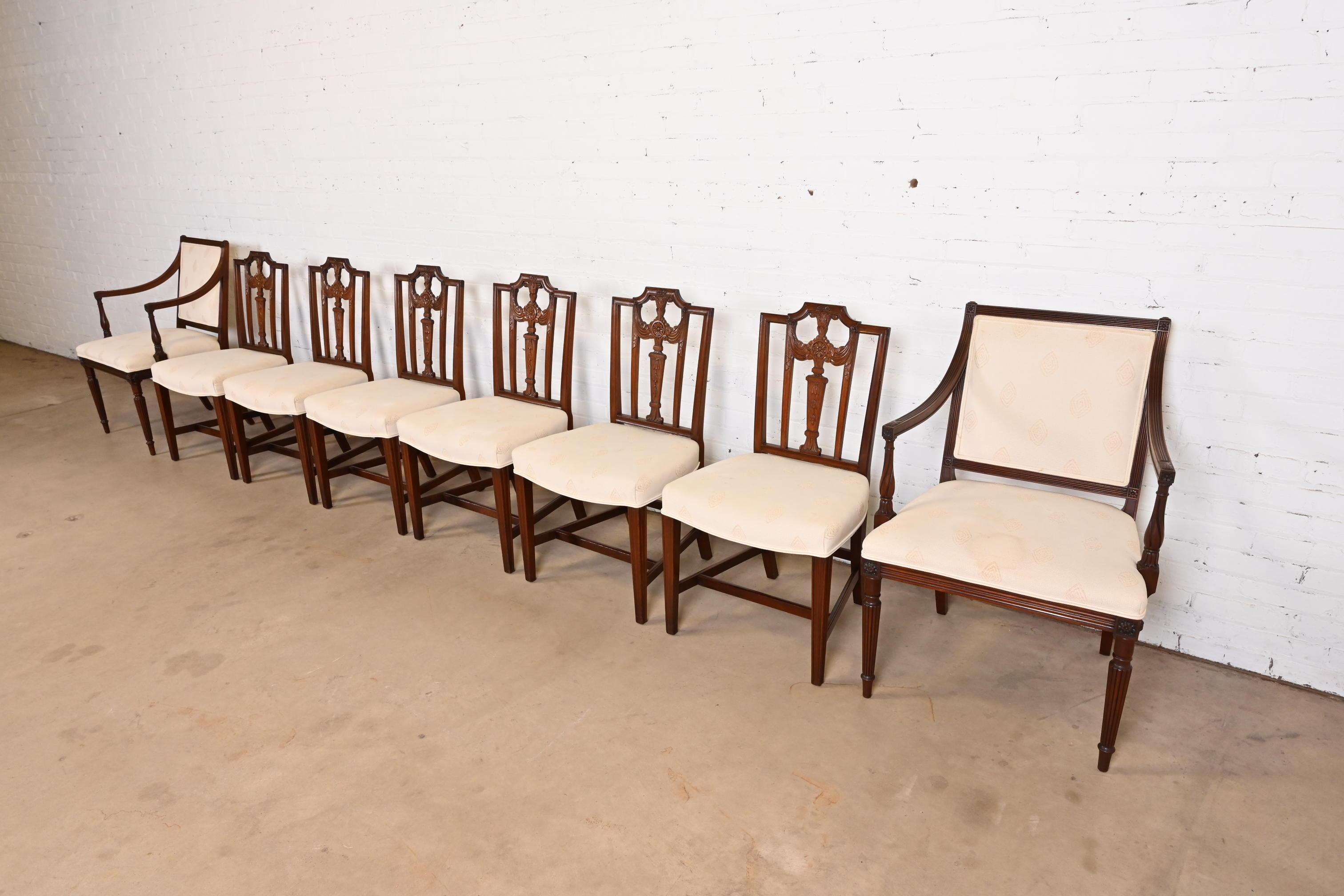 Late 20th Century French Regency Louis XVI Carved Mahogany Dining Chairs, Set of Eight