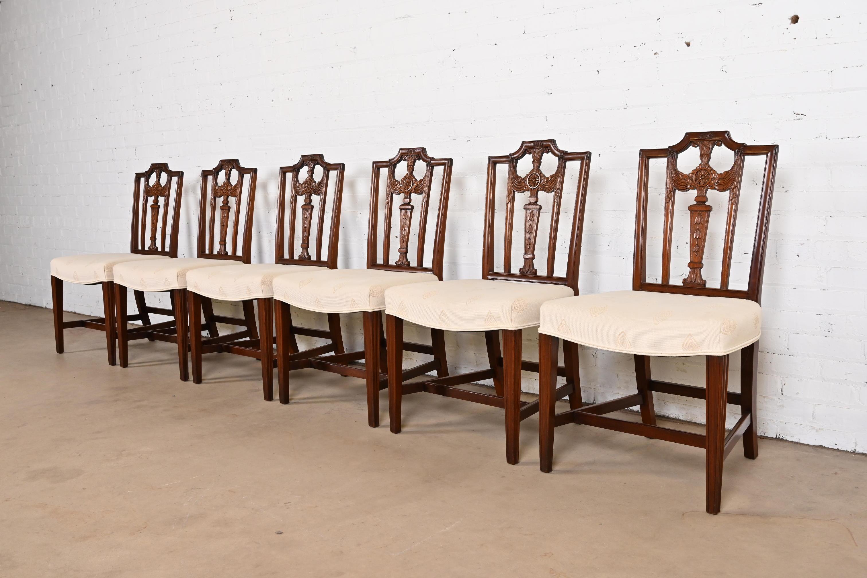 American French Regency Louis XVI Carved Mahogany Dining Chairs, Set of Six