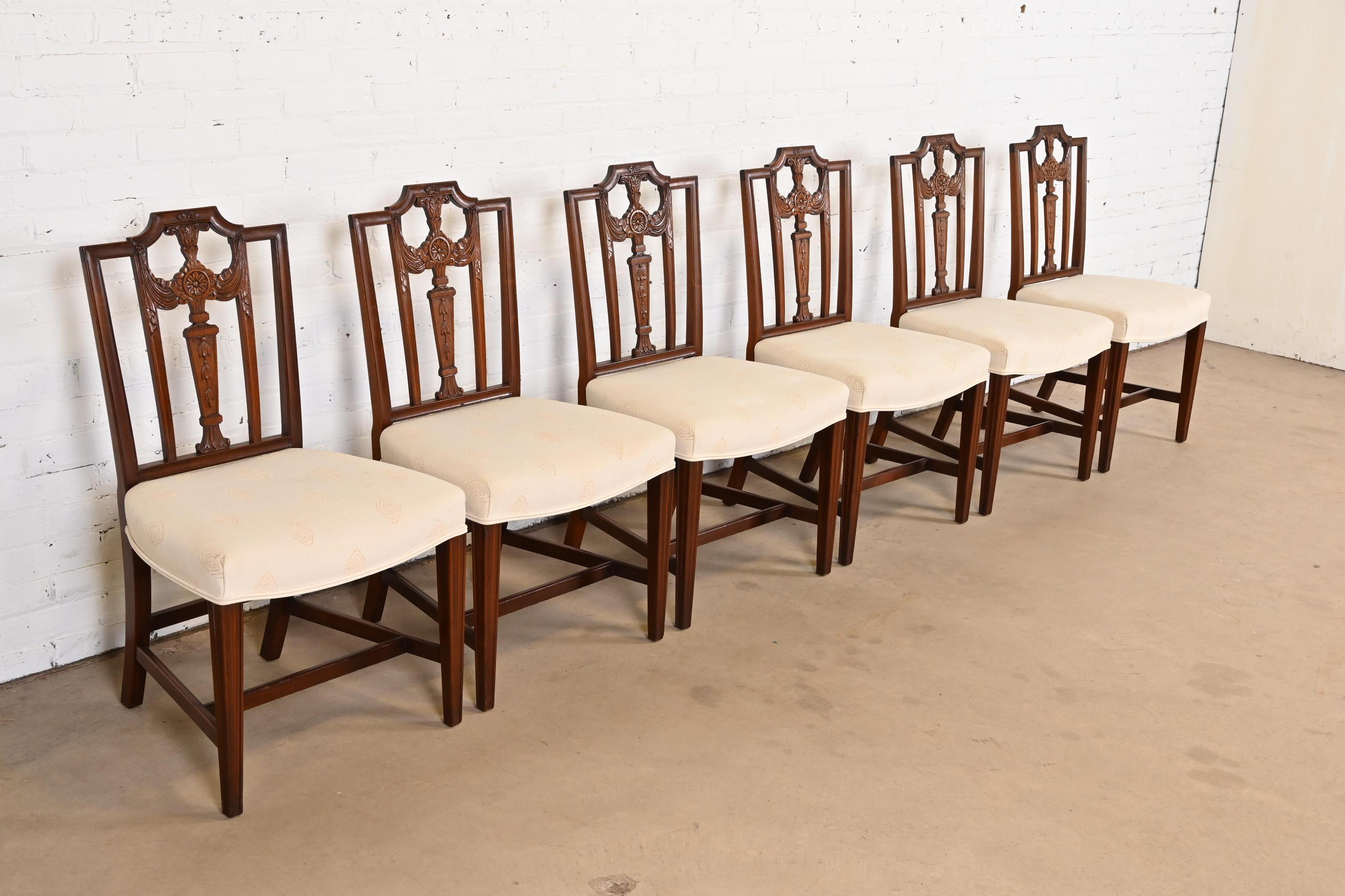 Upholstery French Regency Louis XVI Carved Mahogany Dining Chairs, Set of Six