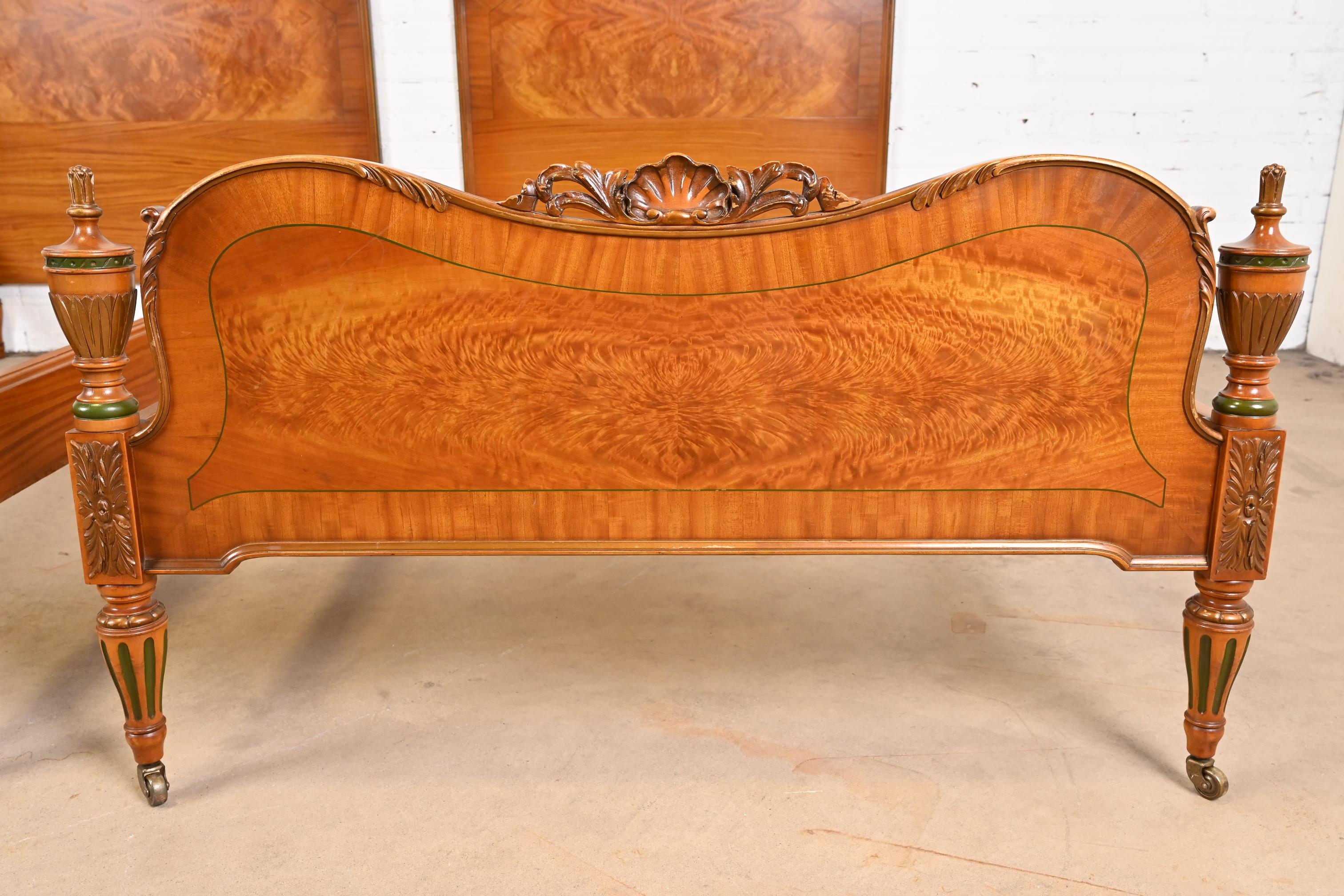 French Regency Louis XVI Carved Satinwood and Burl Wood Twin Beds, Pair 6