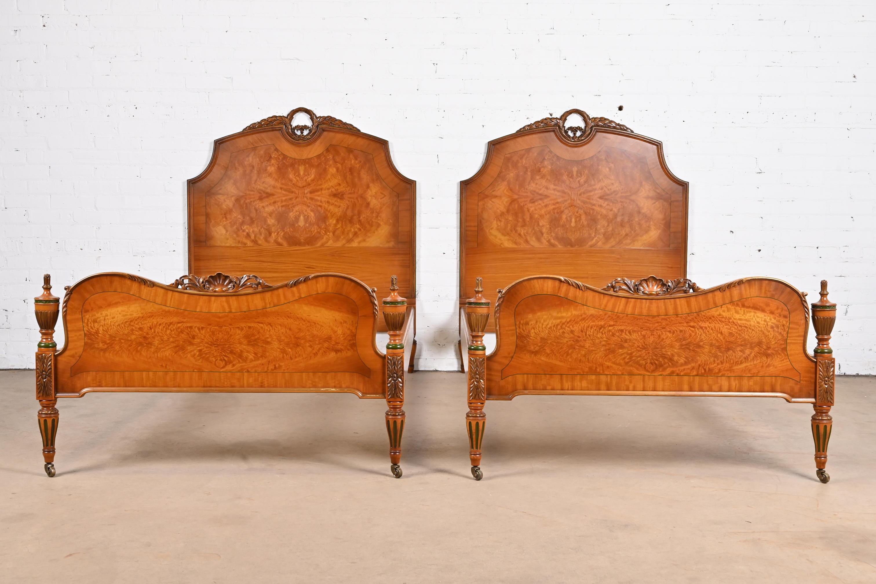 American French Regency Louis XVI Carved Satinwood and Burl Wood Twin Beds, Pair