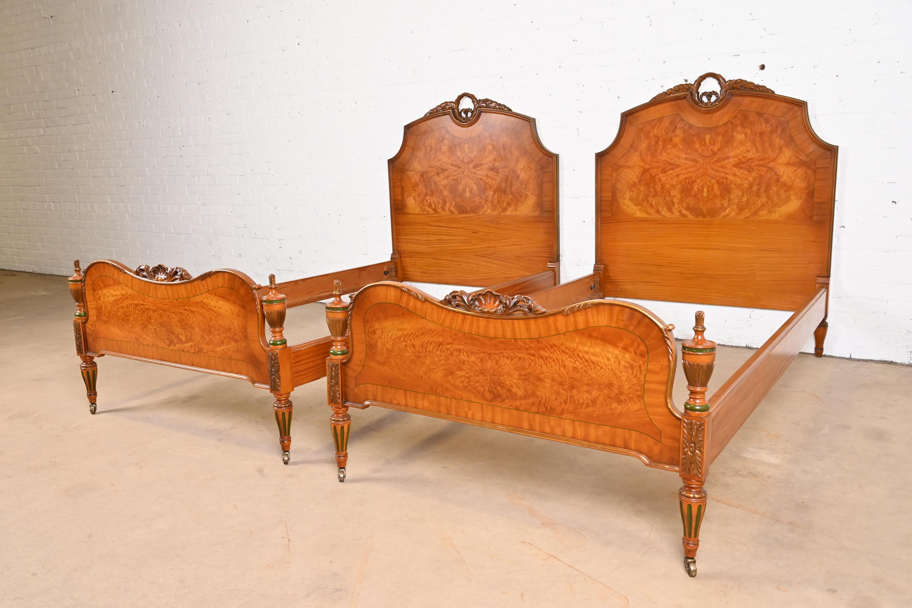 Mid-20th Century French Regency Louis XVI Carved Satinwood and Burl Wood Twin Beds, Pair