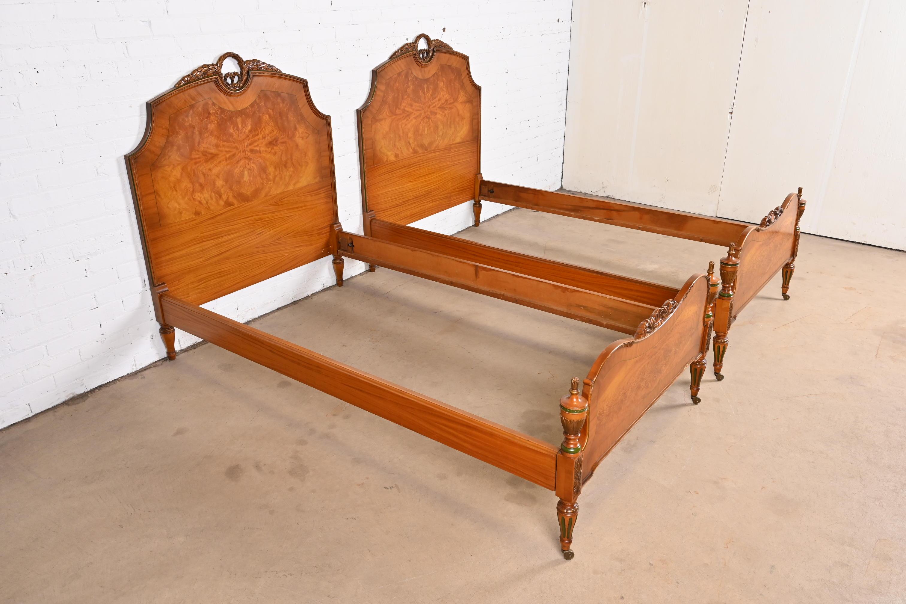 French Regency Louis XVI Carved Satinwood and Burl Wood Twin Beds, Pair 1