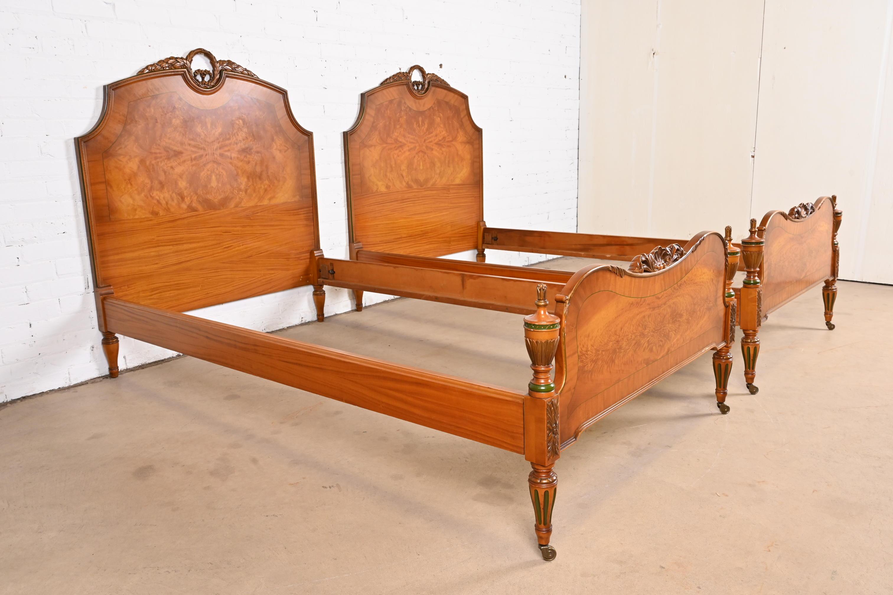 French Regency Louis XVI Carved Satinwood and Burl Wood Twin Beds, Pair 2