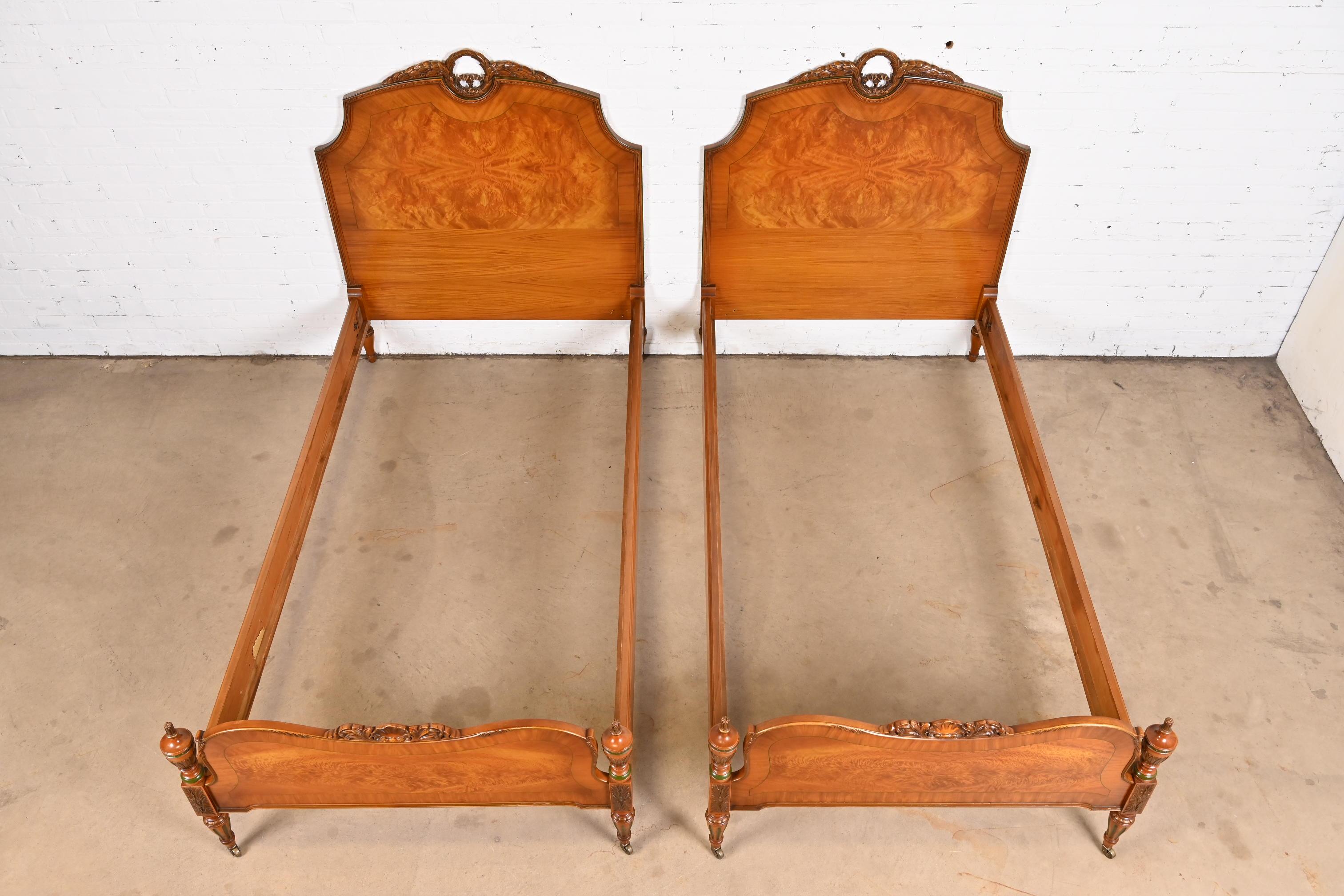 French Regency Louis XVI Carved Satinwood and Burl Wood Twin Beds, Pair 3