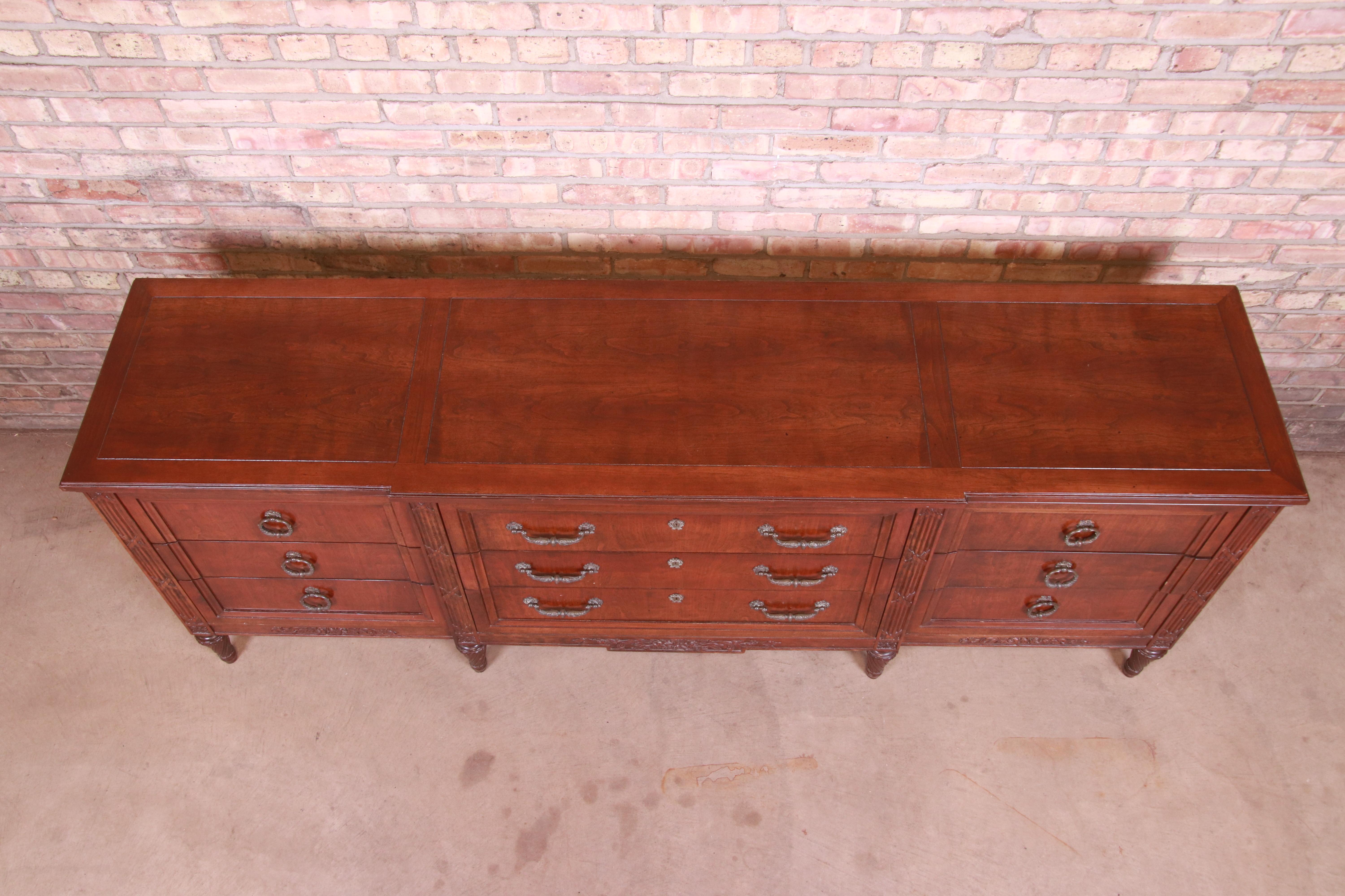 French Regency Louis XVI Carved Walnut Triple Dresser Attributed to Henredon 5