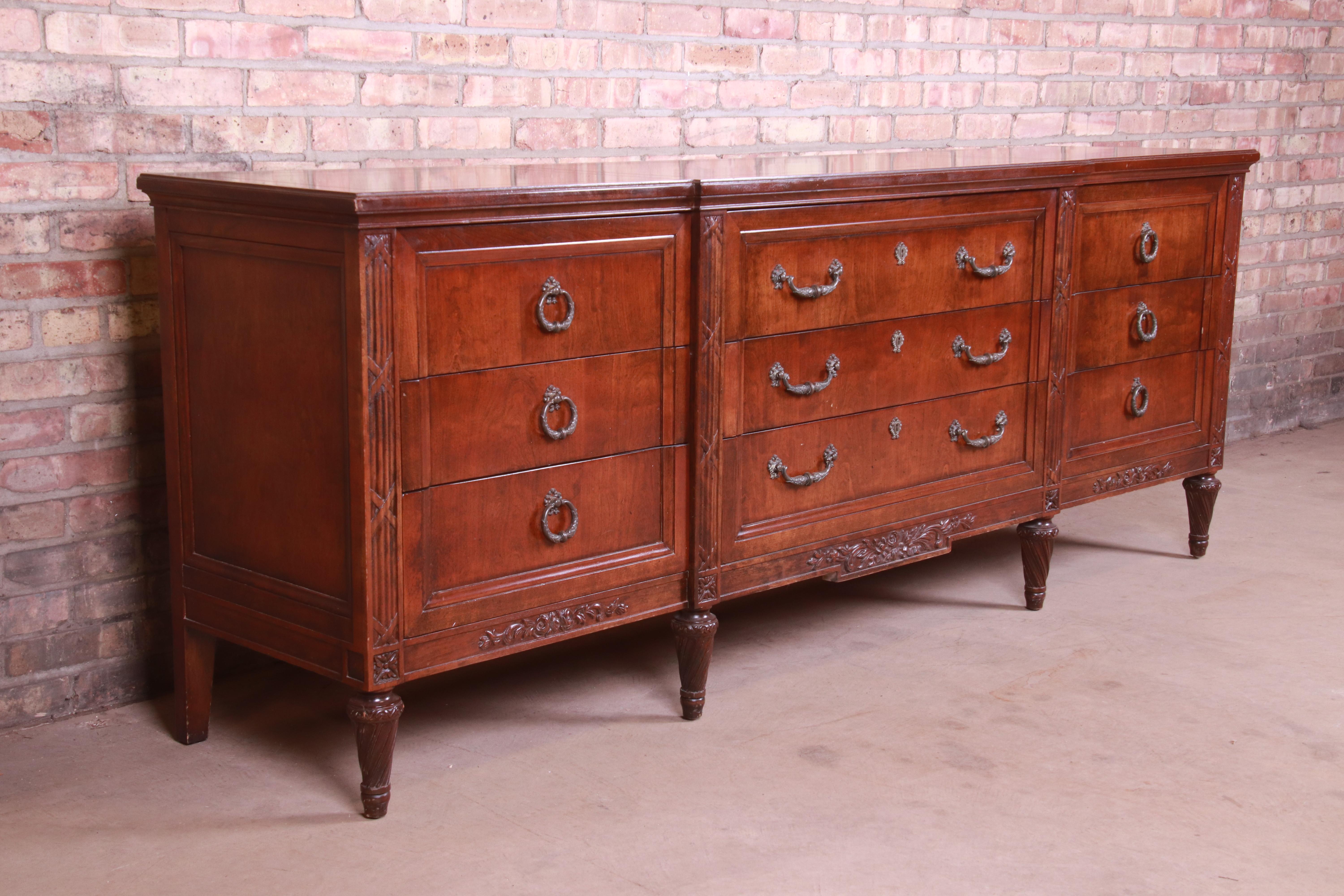 French Provincial French Regency Louis XVI Carved Walnut Triple Dresser Attributed to Henredon