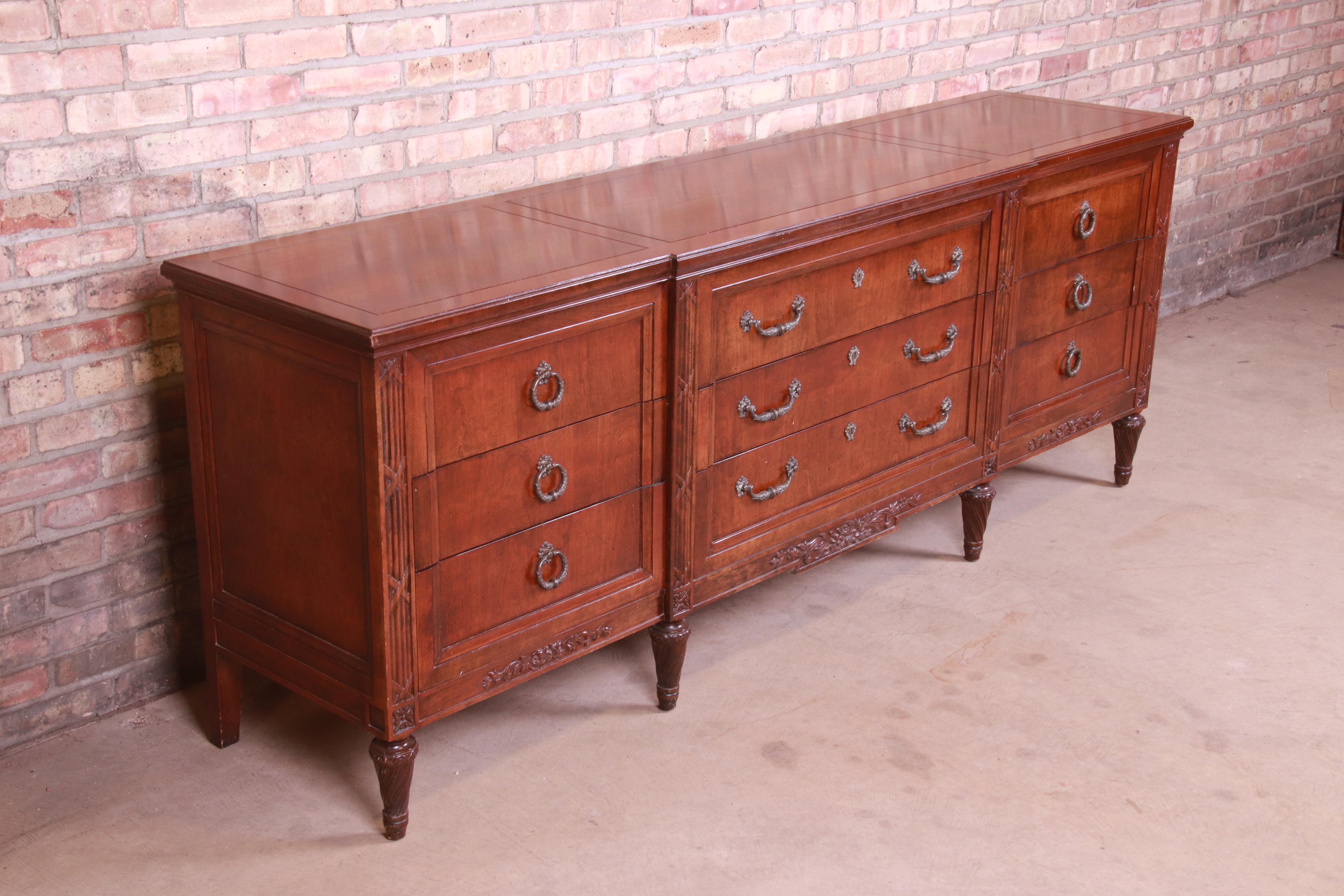 American French Regency Louis XVI Carved Walnut Triple Dresser Attributed to Henredon