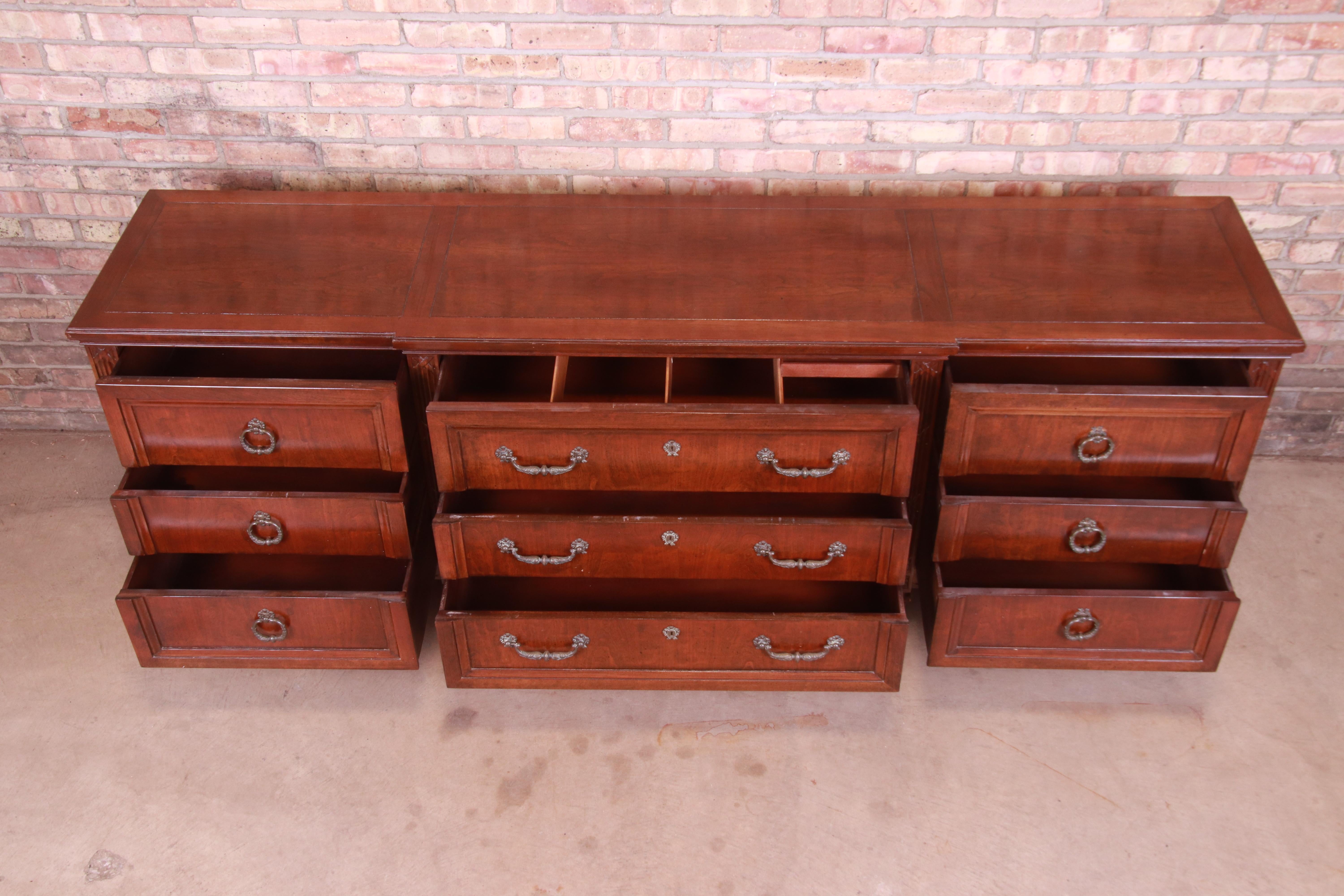 20th Century French Regency Louis XVI Carved Walnut Triple Dresser Attributed to Henredon