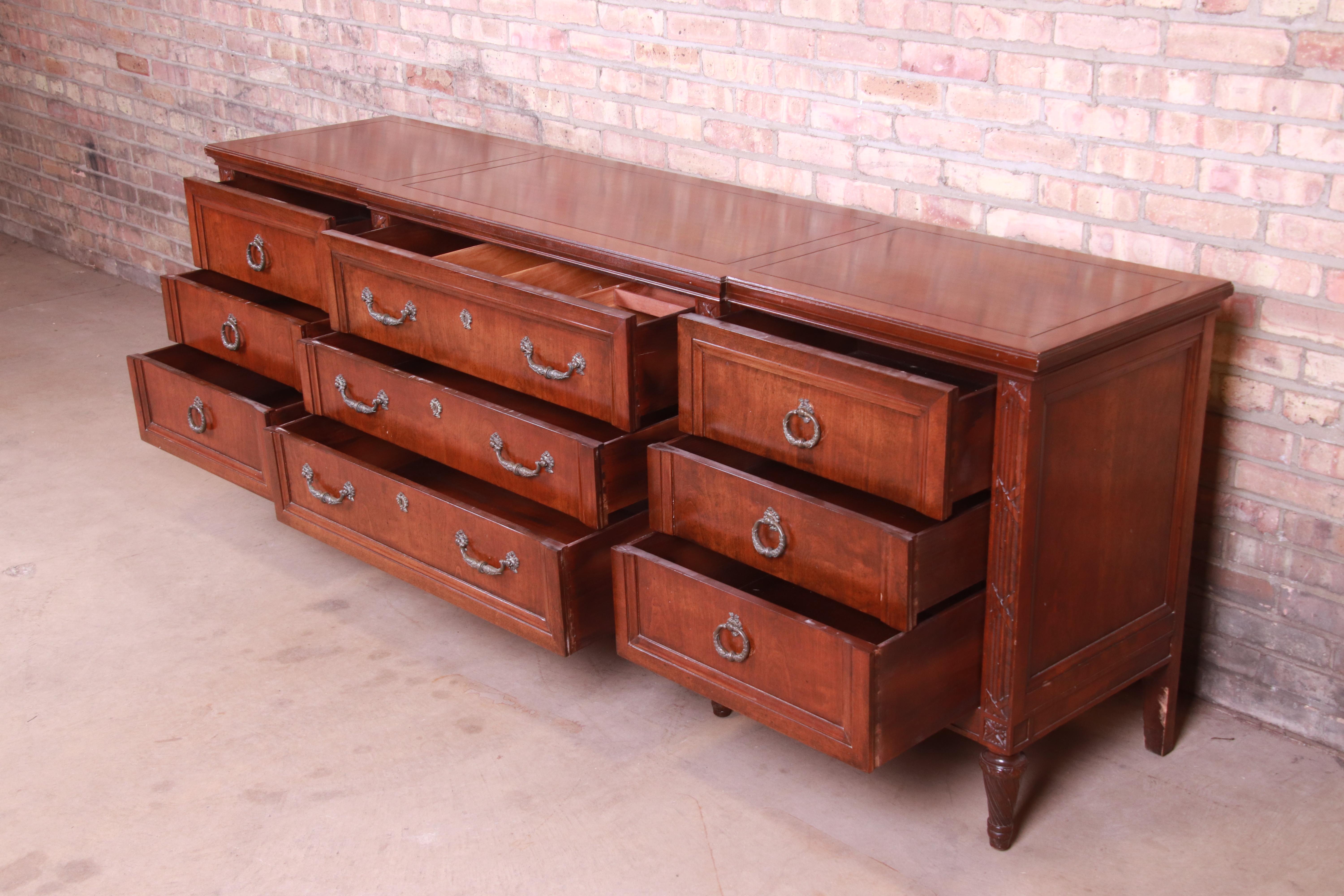 Brass French Regency Louis XVI Carved Walnut Triple Dresser Attributed to Henredon