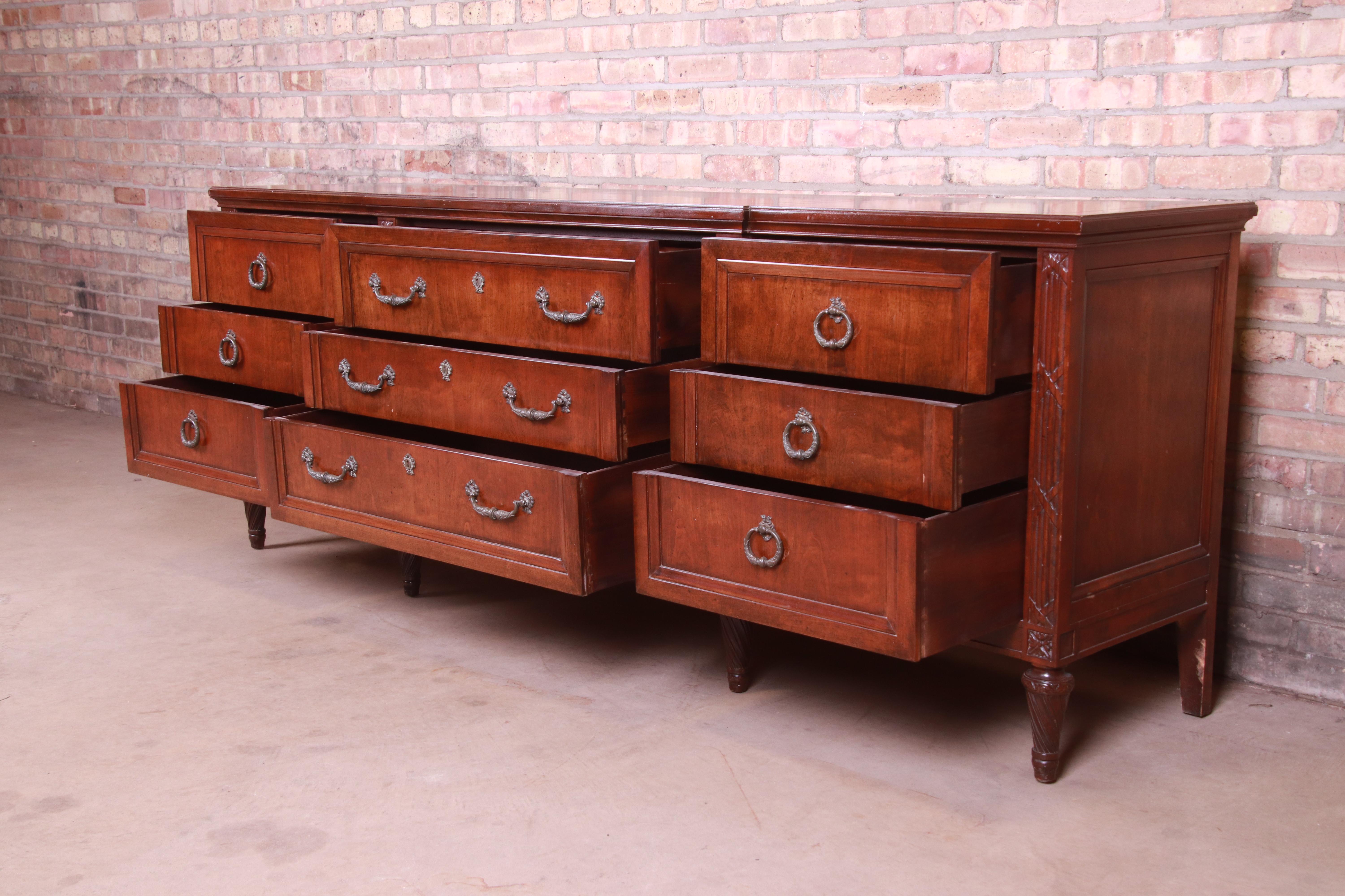 French Regency Louis XVI Carved Walnut Triple Dresser Attributed to Henredon 1