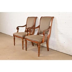 French Regency Louis XVI Cherry Wood Upholstered Armchairs, Pair