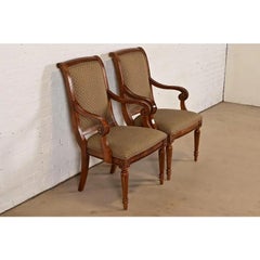 French Regency Louis XVI Cherry Wood Upholstered Armchairs, Pair