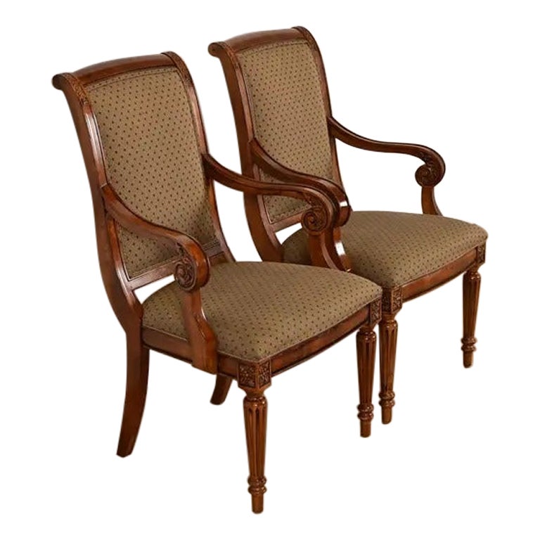 French Regency Louis XVI Cherry Wood Upholstered Armchairs, Pair