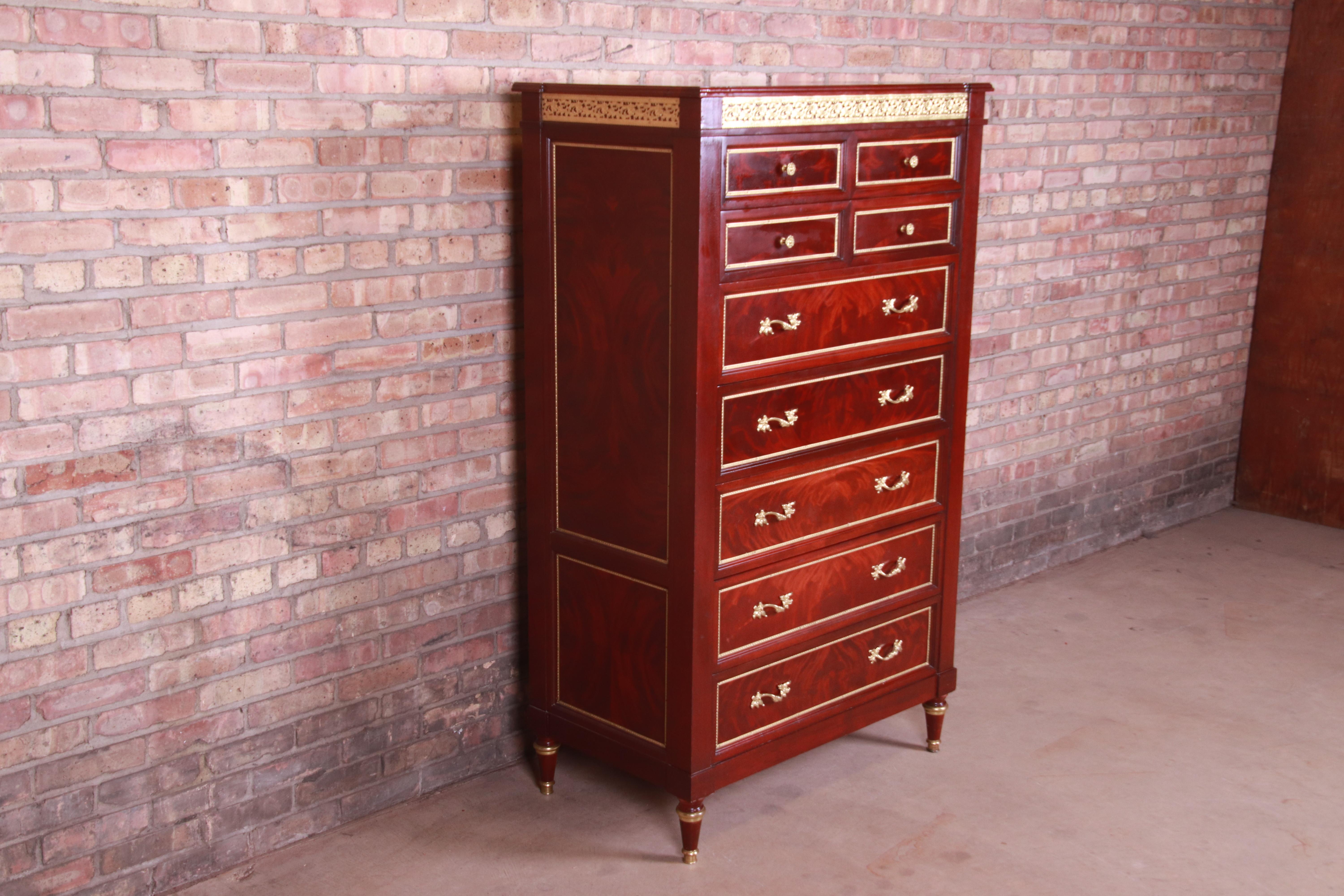 French Regency Louis XVI Flame Mahogany Ormolu-Mounted Highboy Dresser In Good Condition In South Bend, IN
