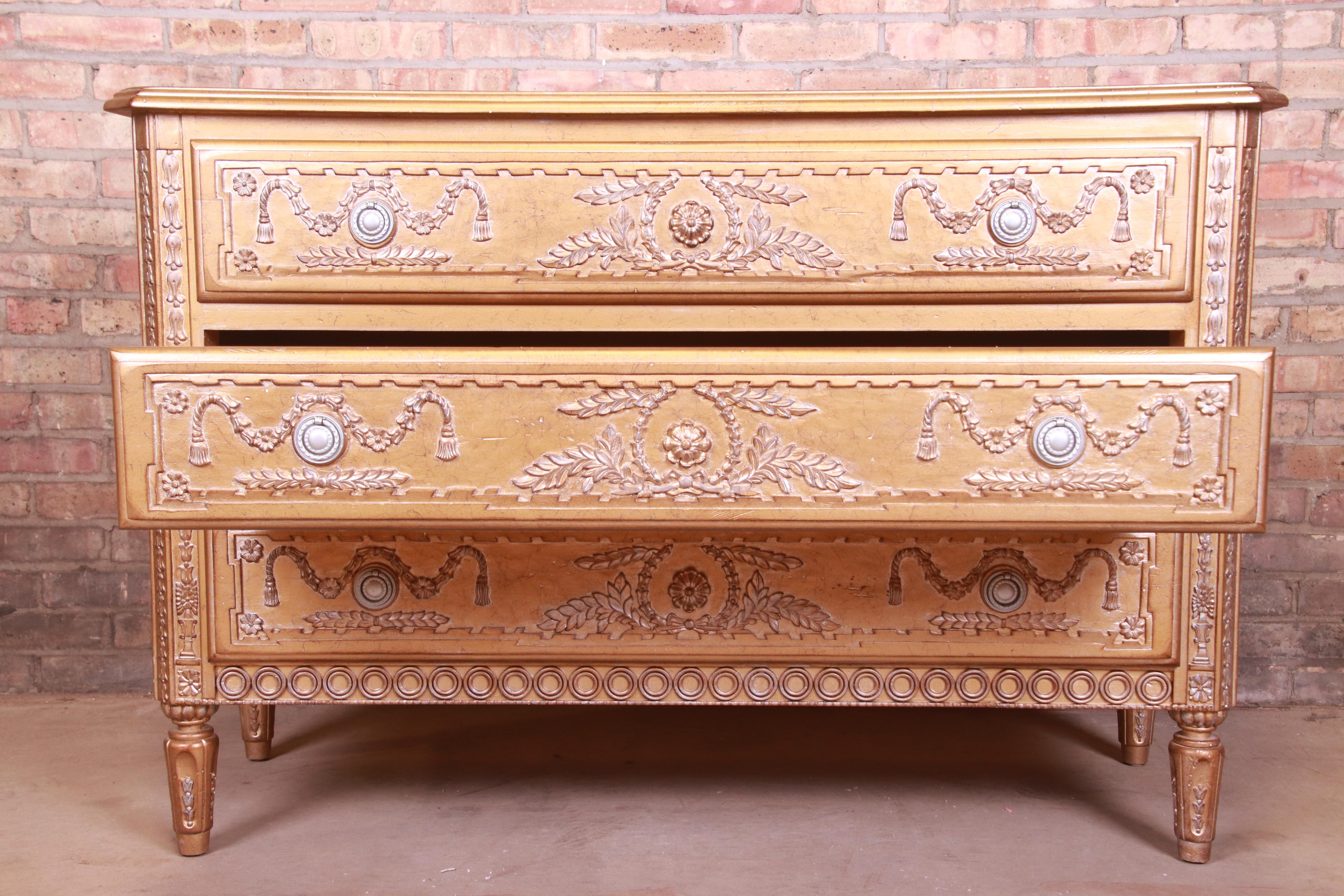 French Regency Louis XVI Gold Gilt Three-Drawer Dresser or Commode For Sale 5
