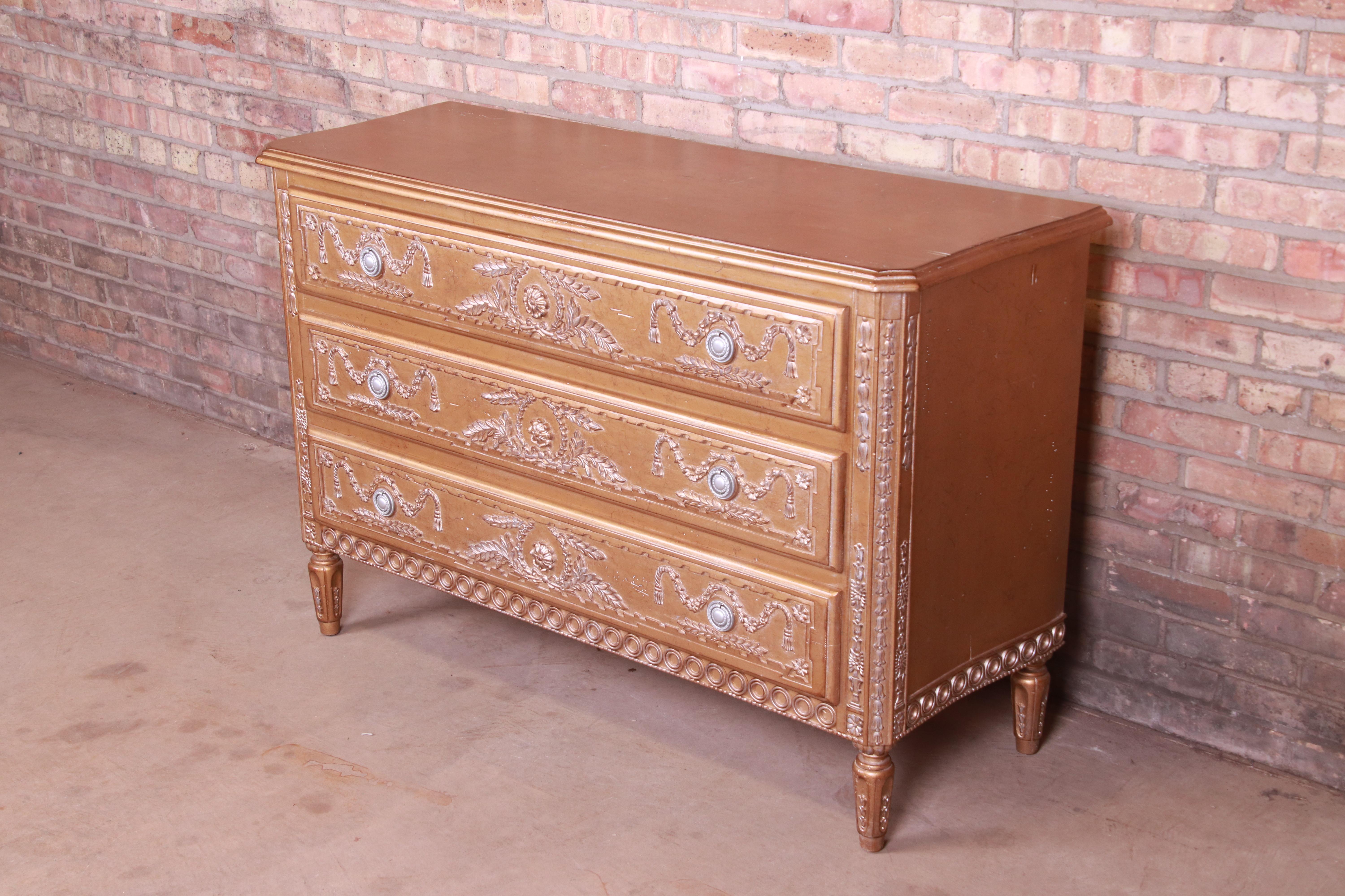 20th Century French Regency Louis XVI Gold Gilt Three-Drawer Dresser or Commode For Sale