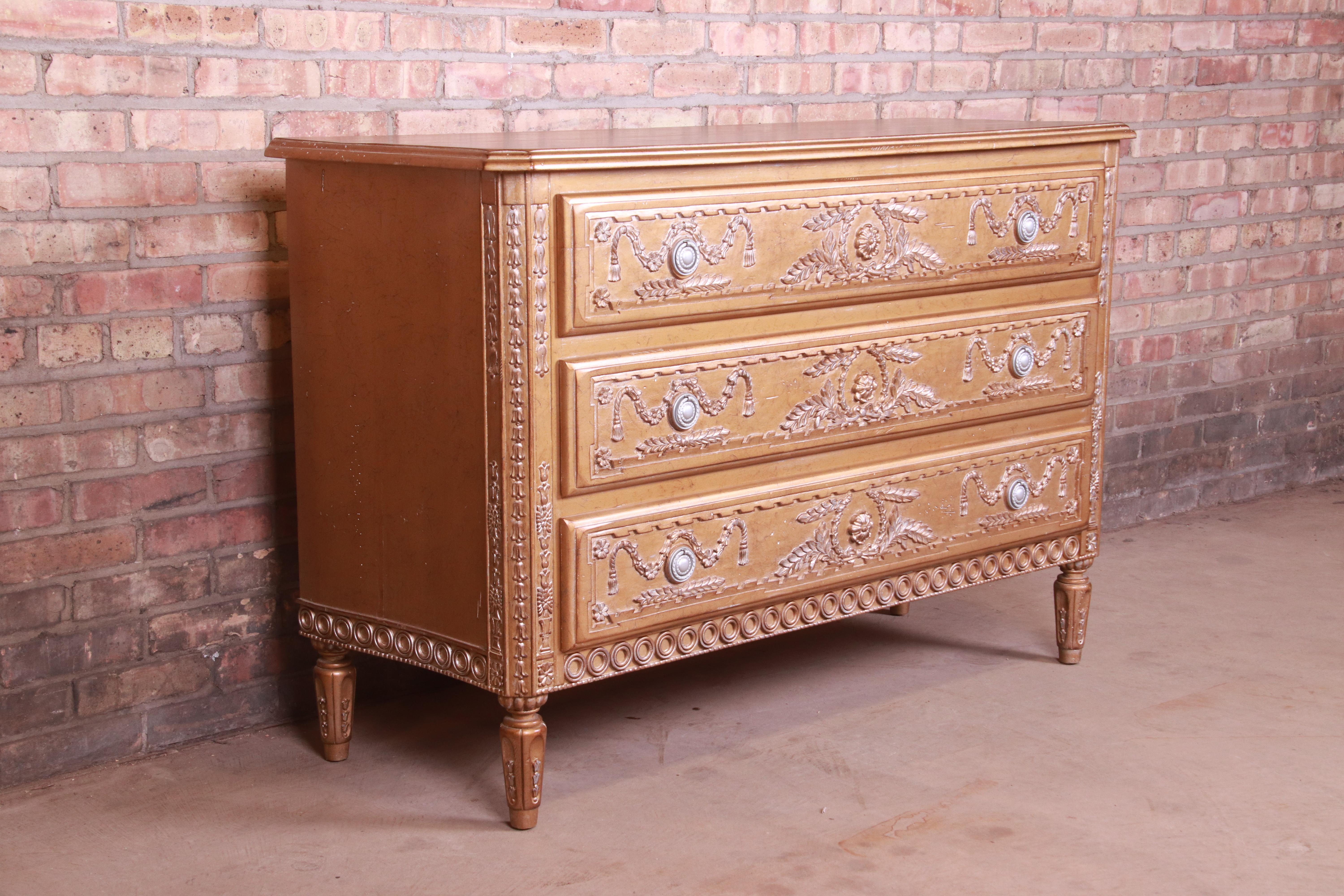 French Regency Louis XVI Gold Gilt Three-Drawer Dresser or Commode For Sale 1