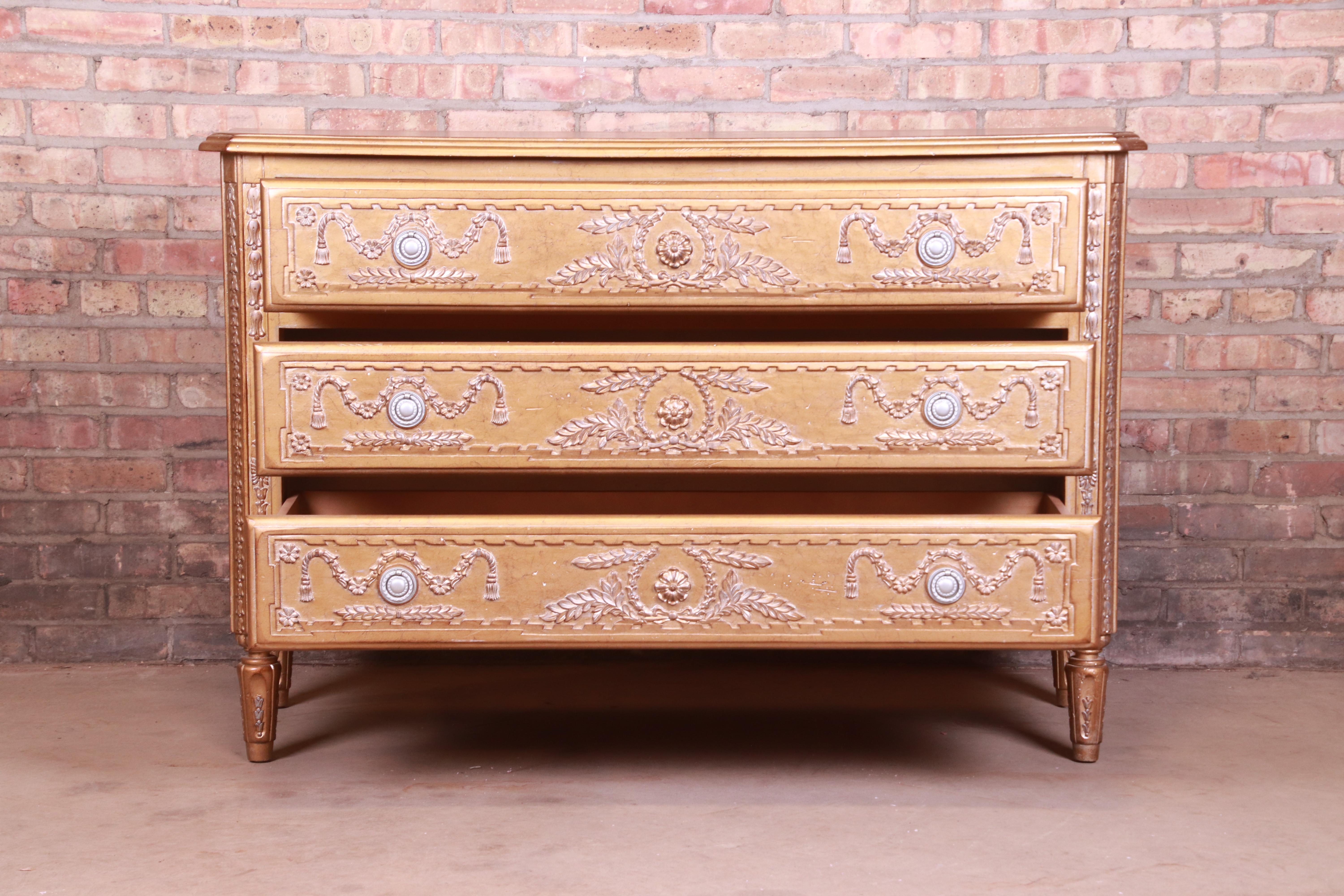 French Regency Louis XVI Gold Gilt Three-Drawer Dresser or Commode For Sale 2