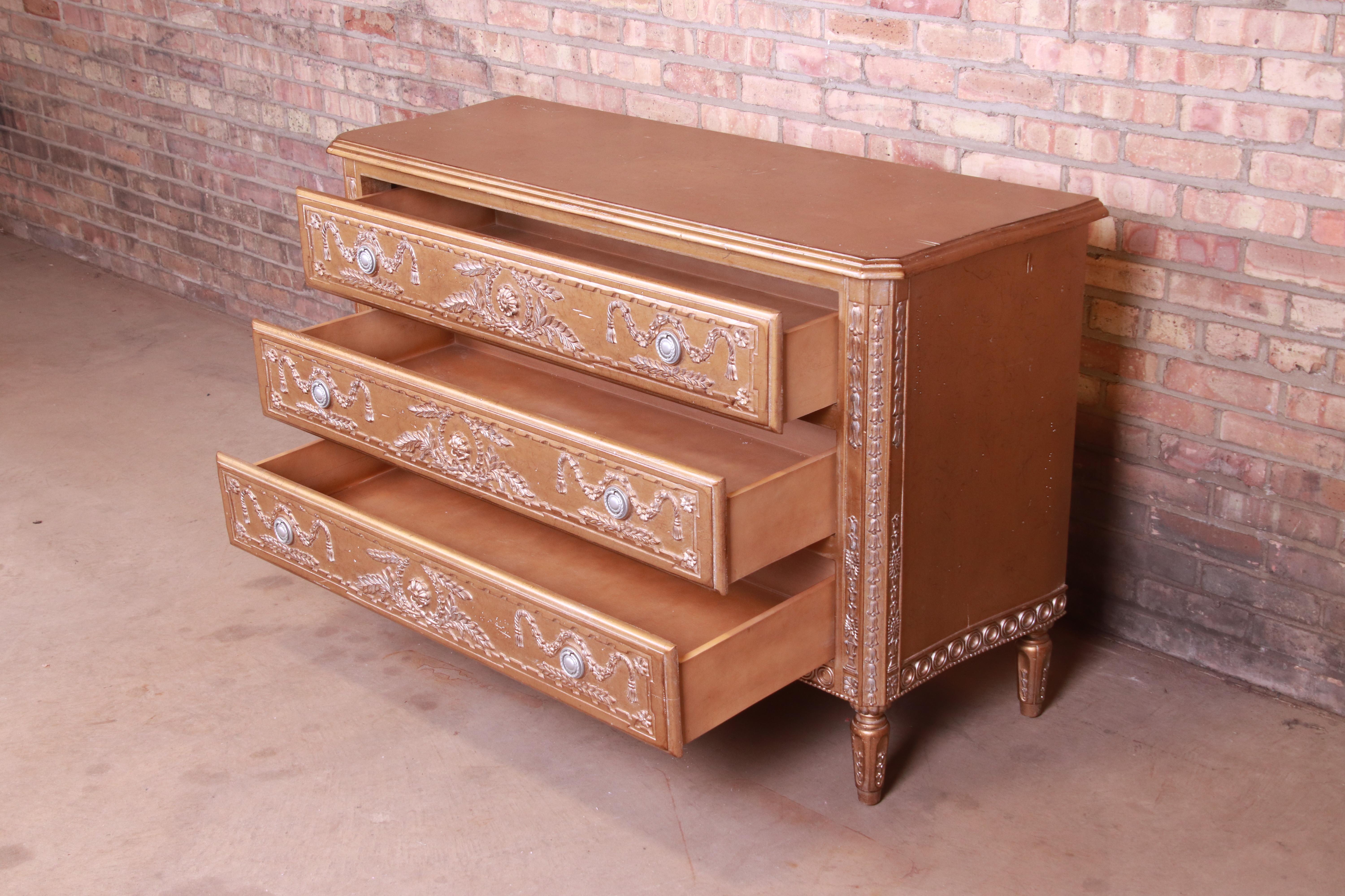 French Regency Louis XVI Gold Gilt Three-Drawer Dresser or Commode For Sale 3