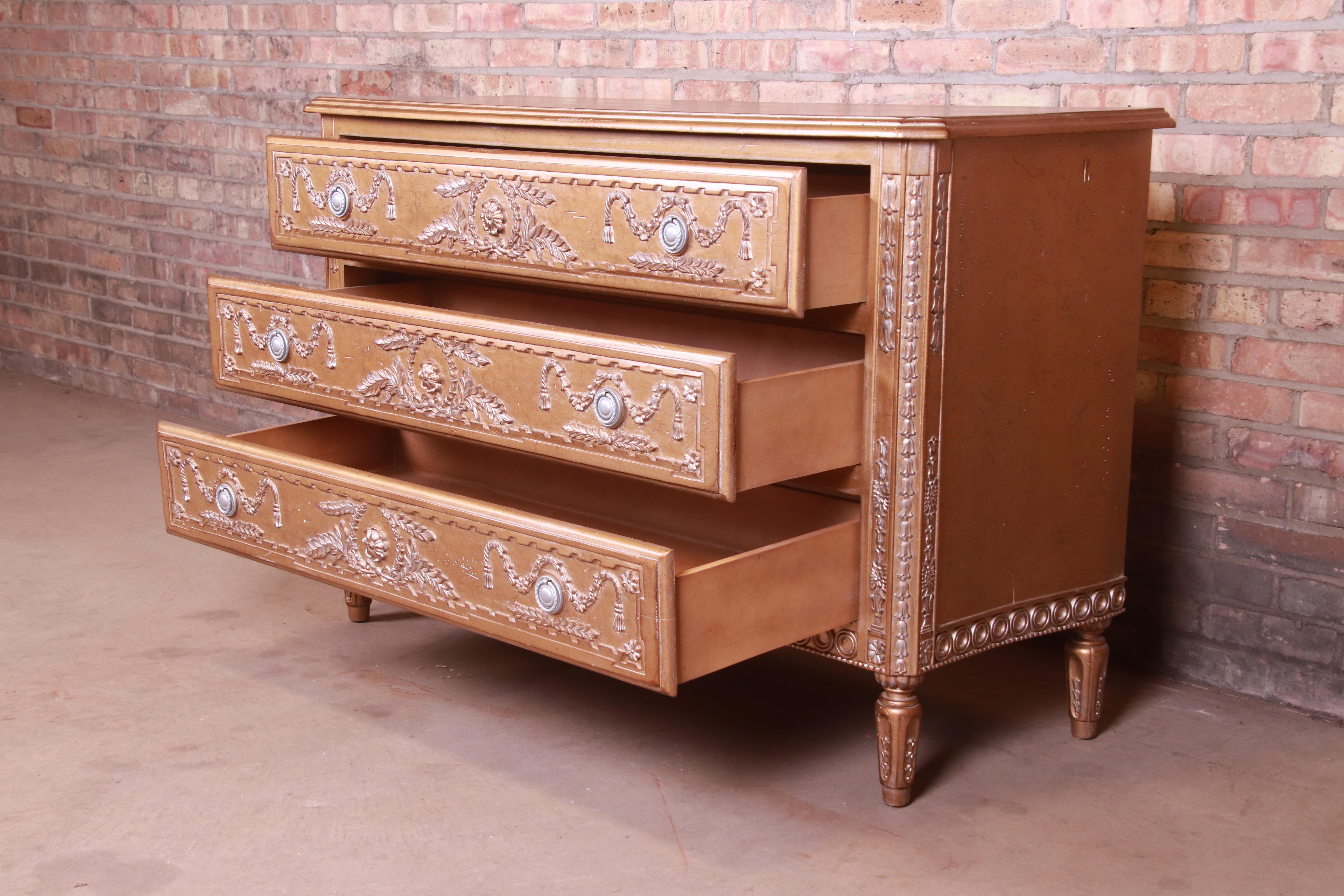 French Regency Louis XVI Gold Gilt Three-Drawer Dresser or Commode For Sale 4