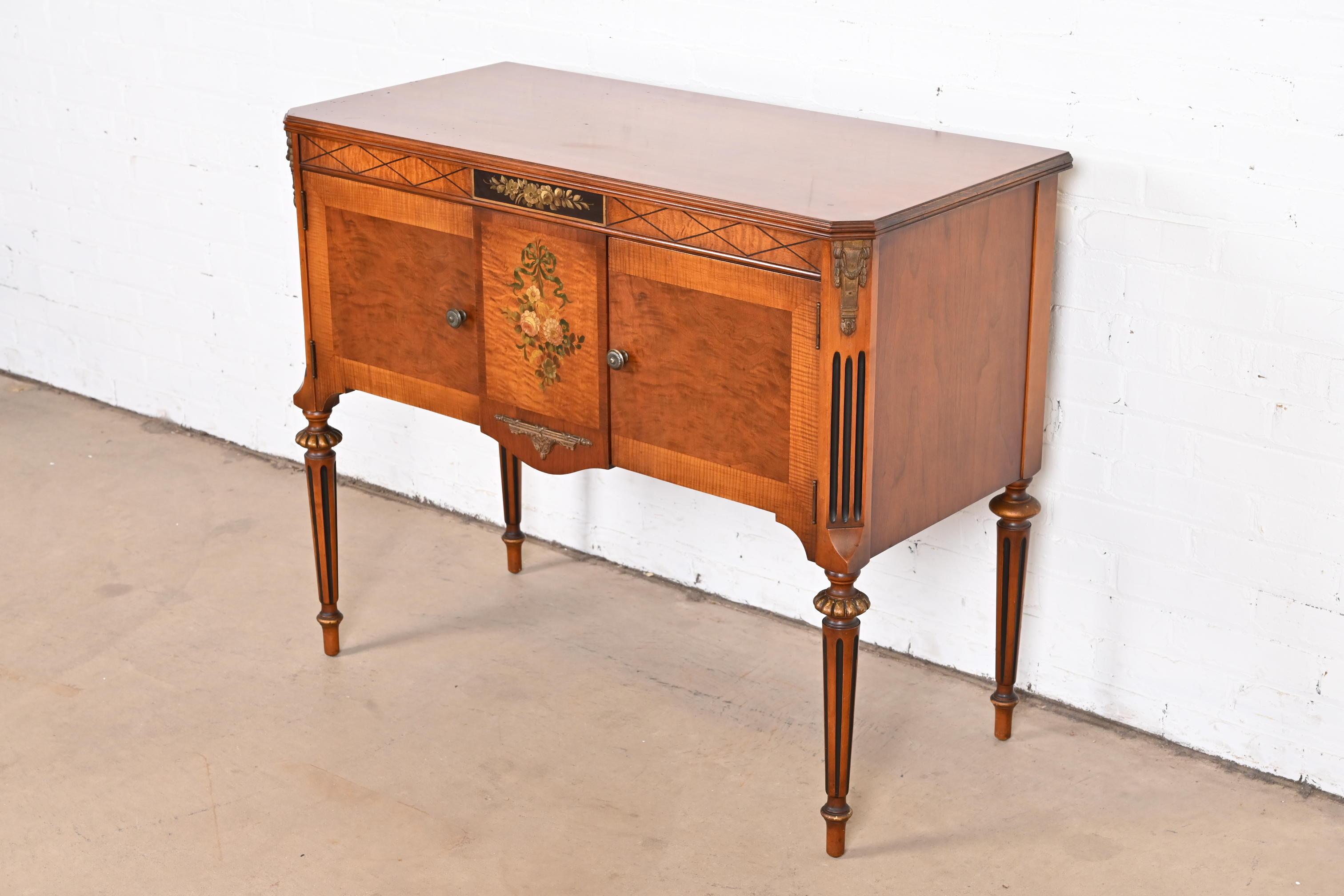 French Regency Louis XVI Hand Painted Walnut Sideboard in the Manner of Romweber In Good Condition In South Bend, IN