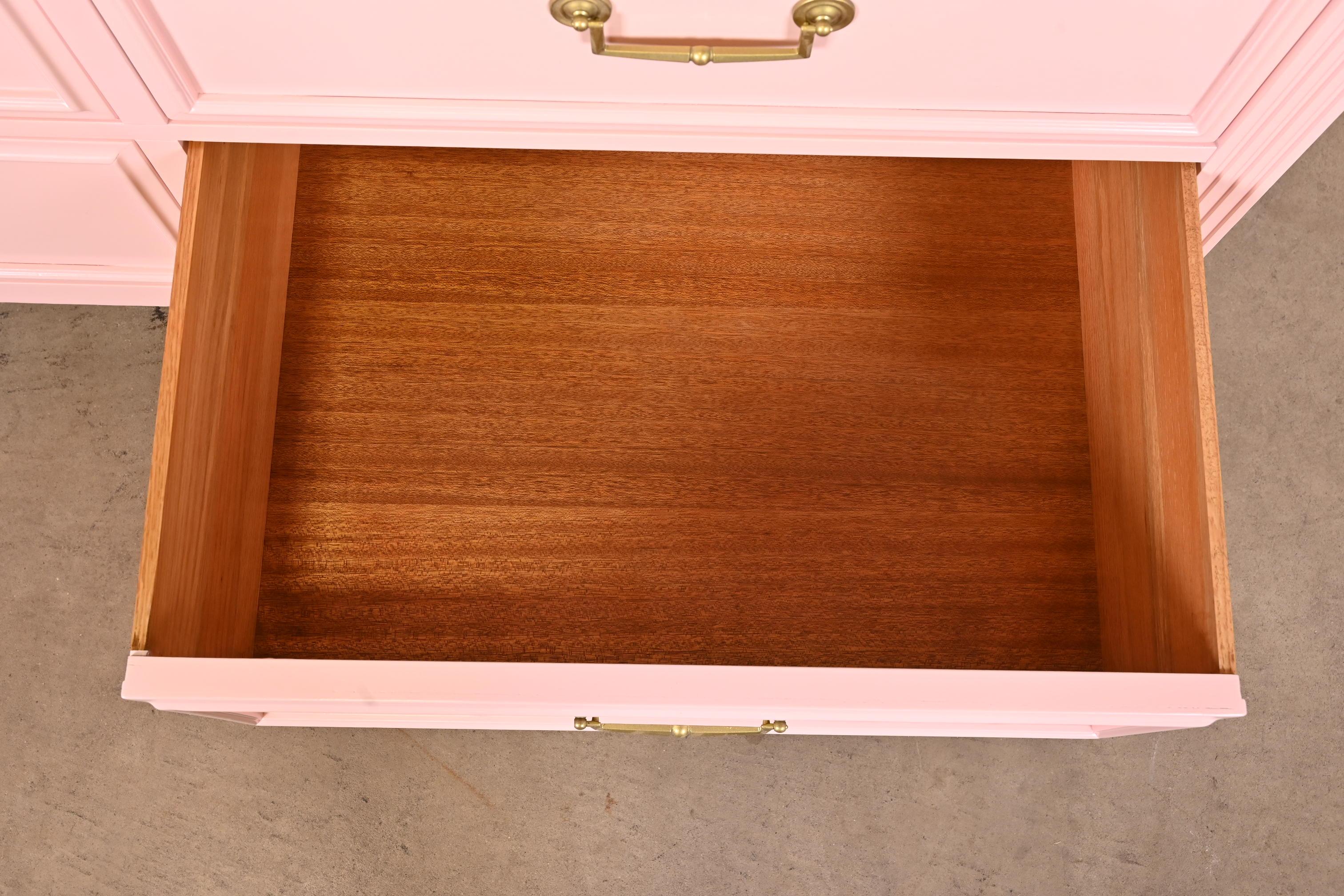 Brass French Regency Louis XVI Pink Lacquered Dresser by National Mt. Airy, Refinished