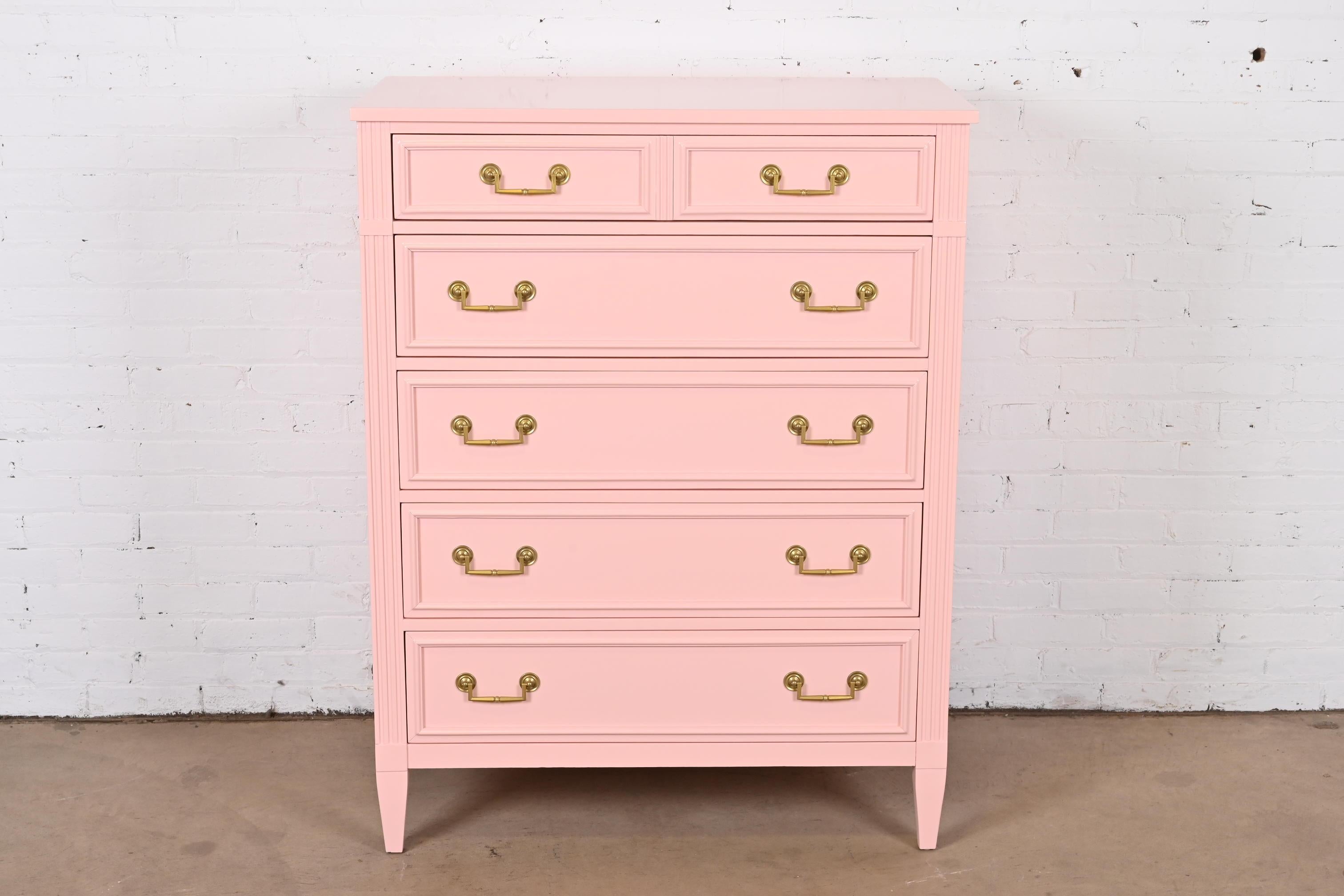 American French Regency Louis XVI Pink Lacquered Highboy Dresser by National Mt. Airy