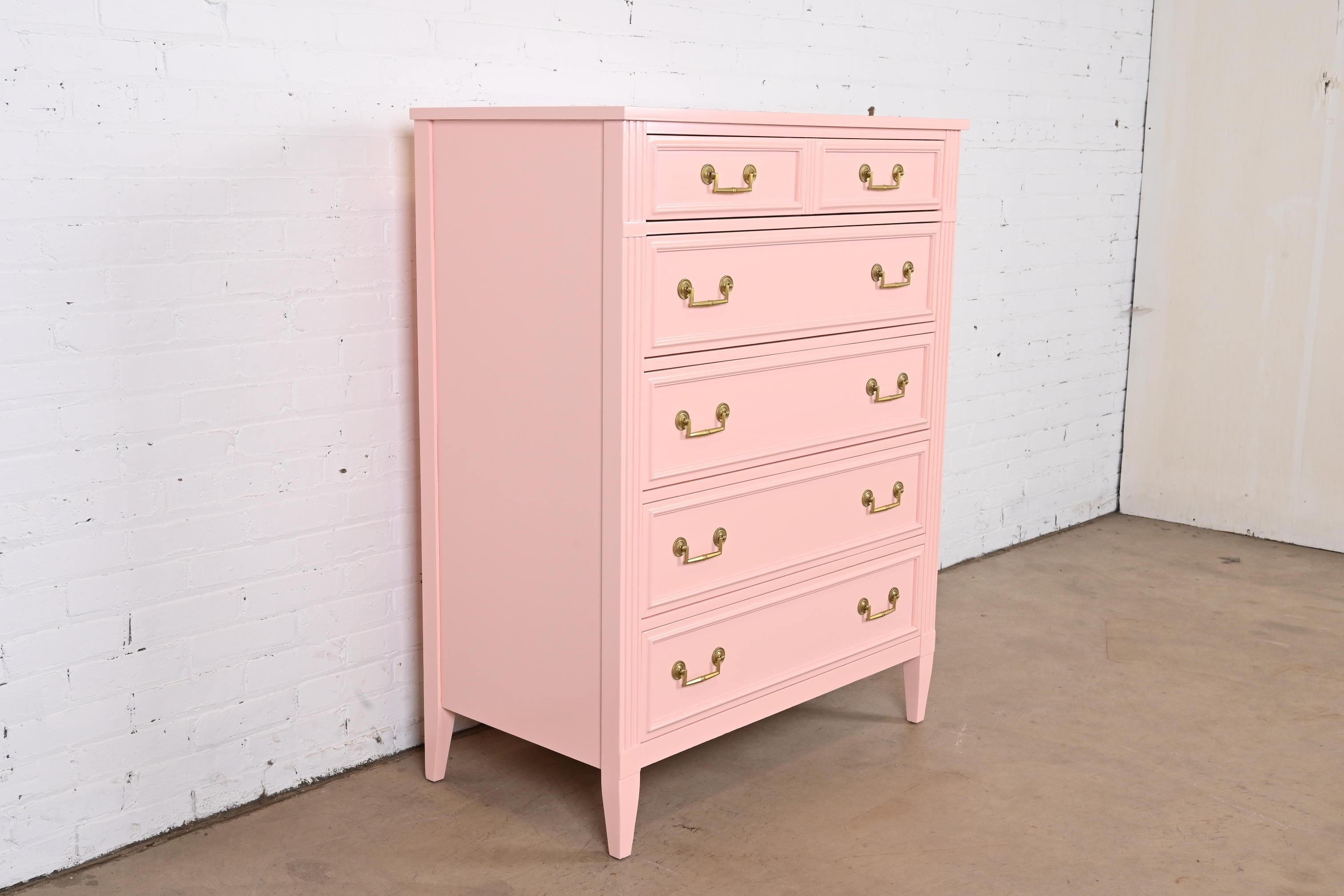 French Regency Louis XVI Pink Lacquered Highboy Dresser by National Mt. Airy In Good Condition In South Bend, IN