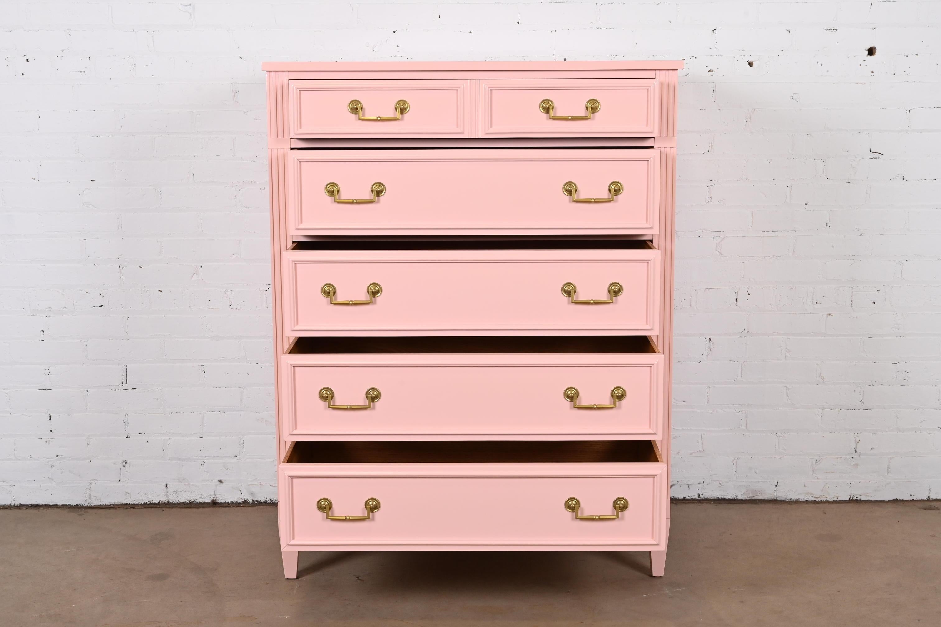 Mid-20th Century French Regency Louis XVI Pink Lacquered Highboy Dresser by National Mt. Airy