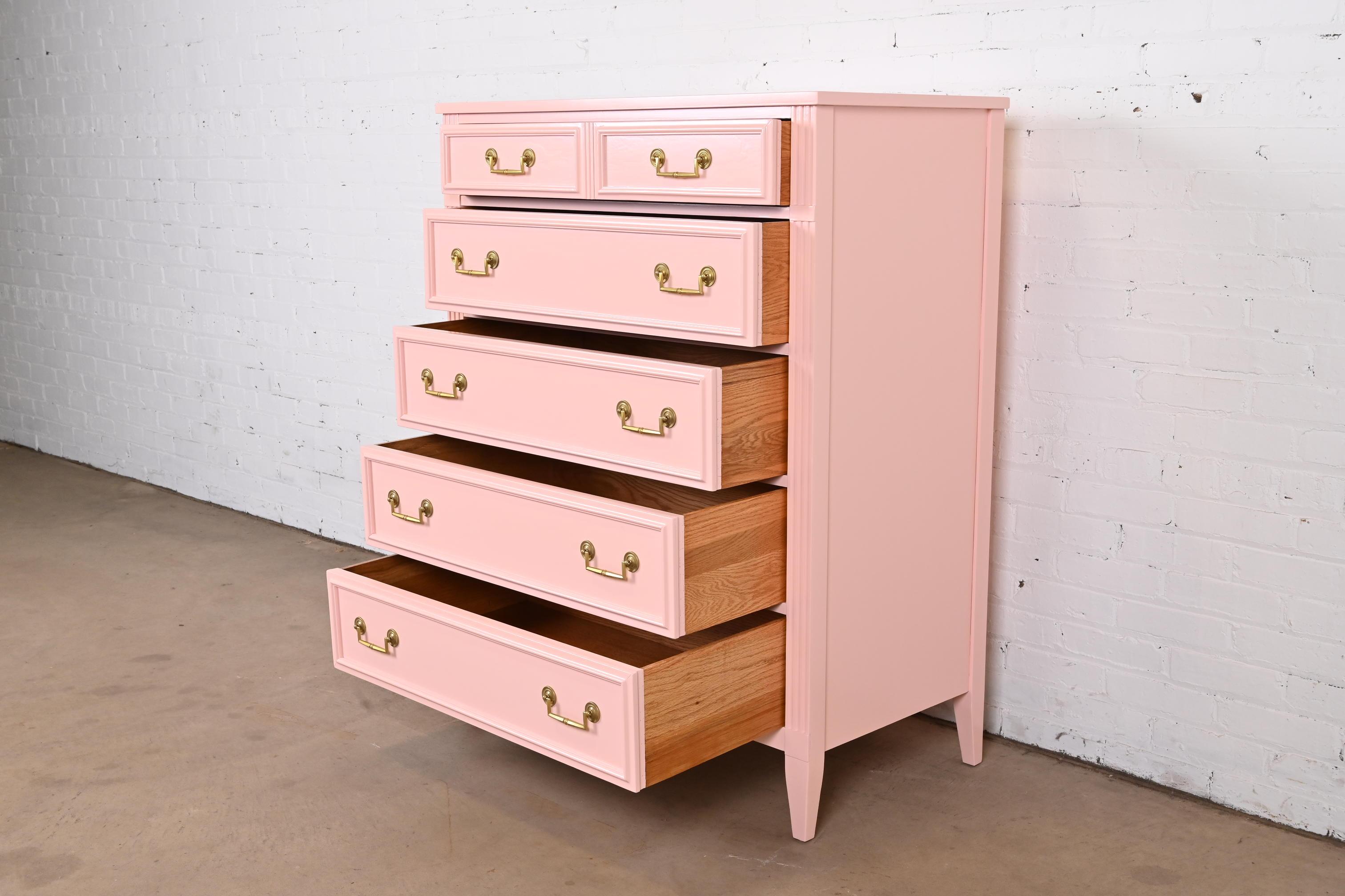 Brass French Regency Louis XVI Pink Lacquered Highboy Dresser by National Mt. Airy