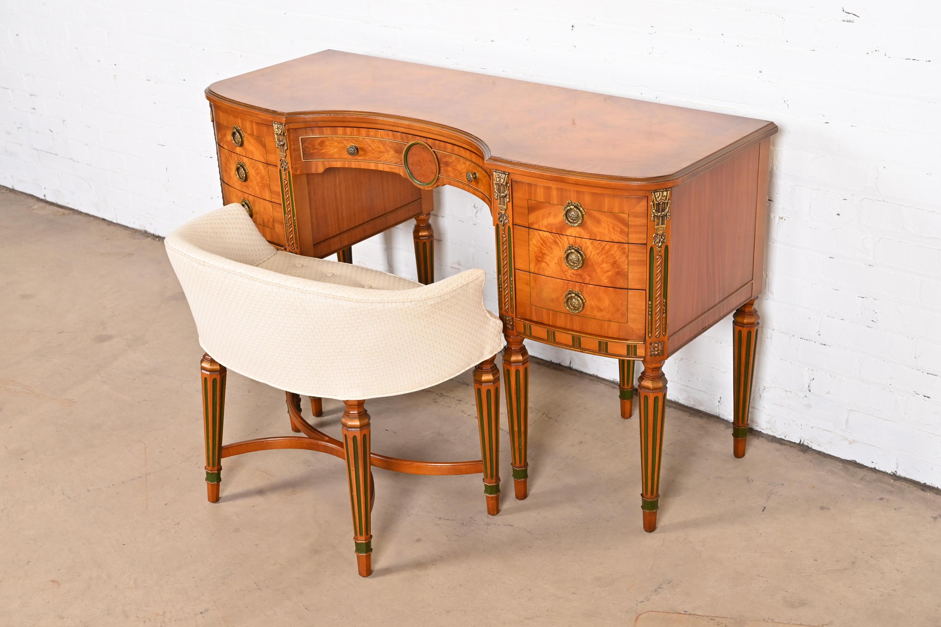 American French Regency Louis XVI Satinwood Vanity With Bench Attributed to Romweber
