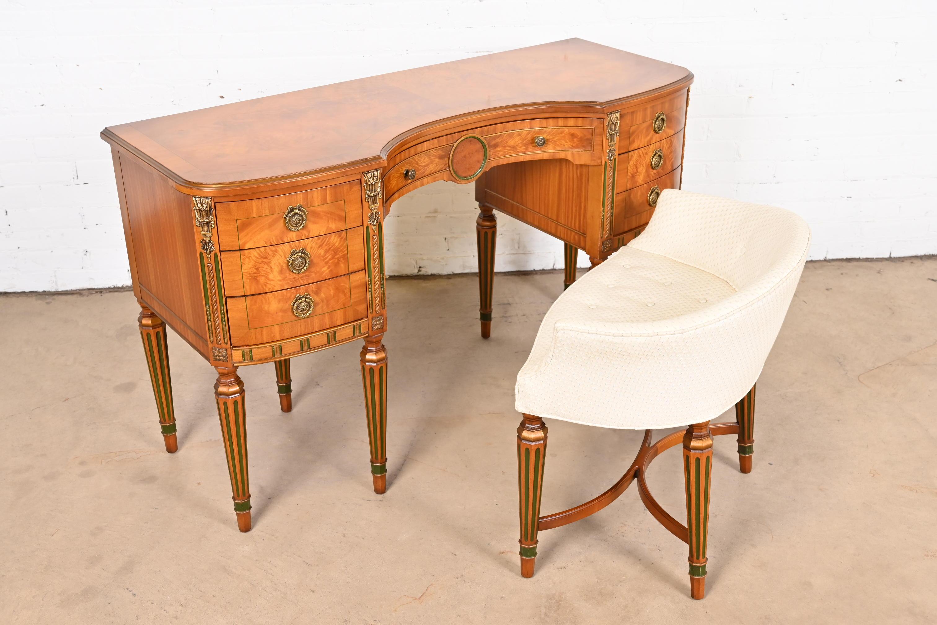20th Century French Regency Louis XVI Satinwood Vanity With Bench Attributed to Romweber