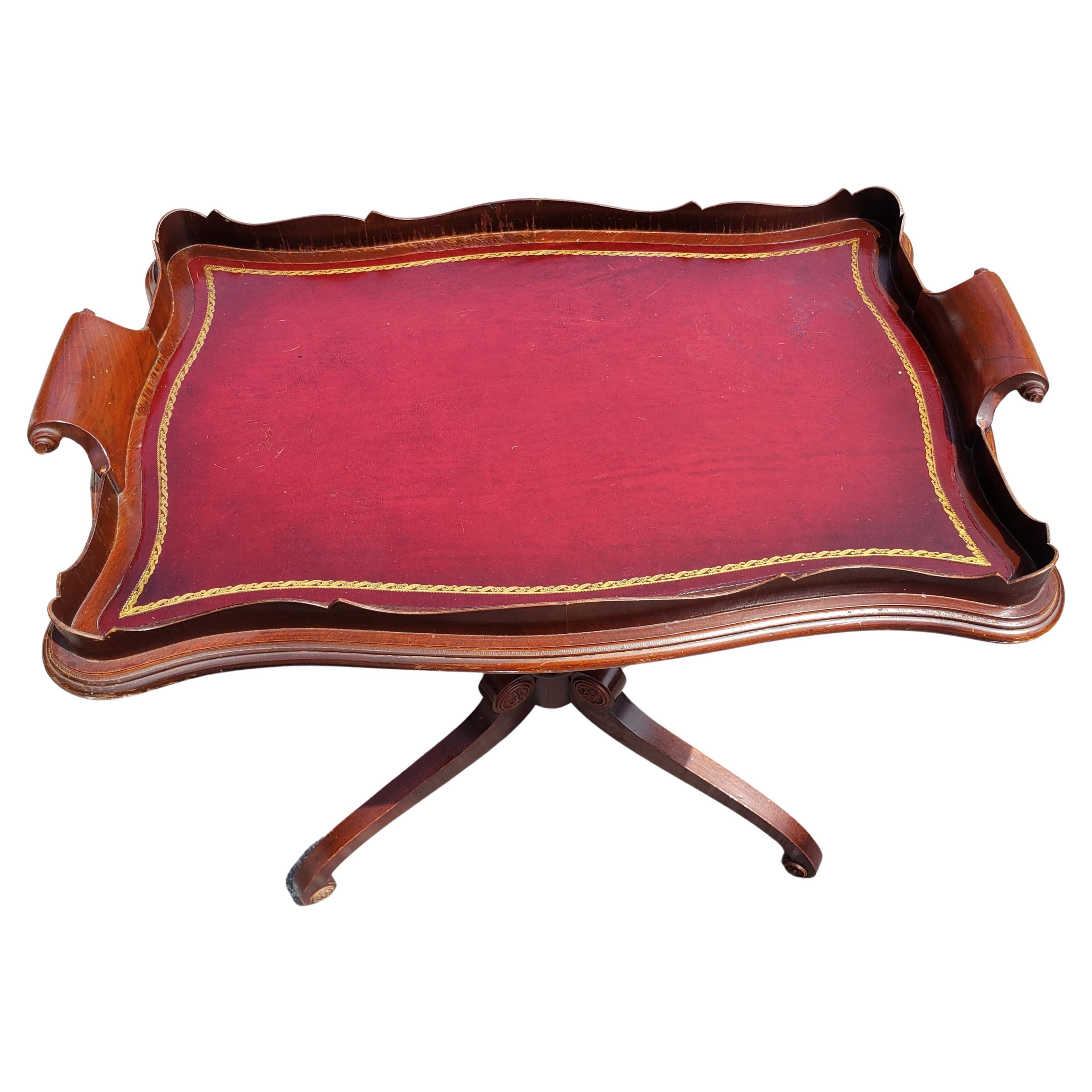 American French Regency Mahogany Quad Feet Pedestal Leather Top Tray Table Tea Table
