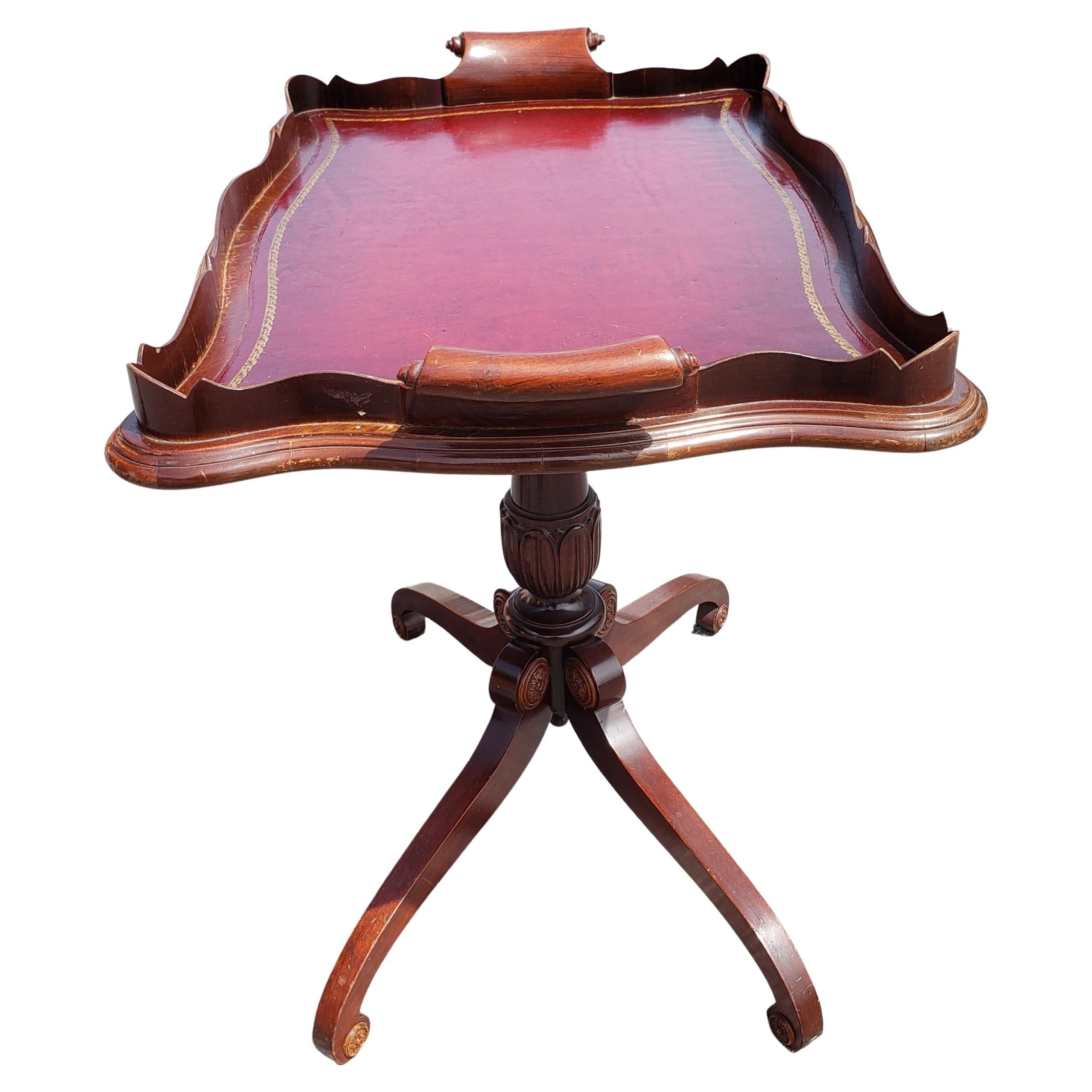French Regency Mahogany Quad Feet Pedestal Leather Top Tray Table Tea Table In Good Condition In Germantown, MD