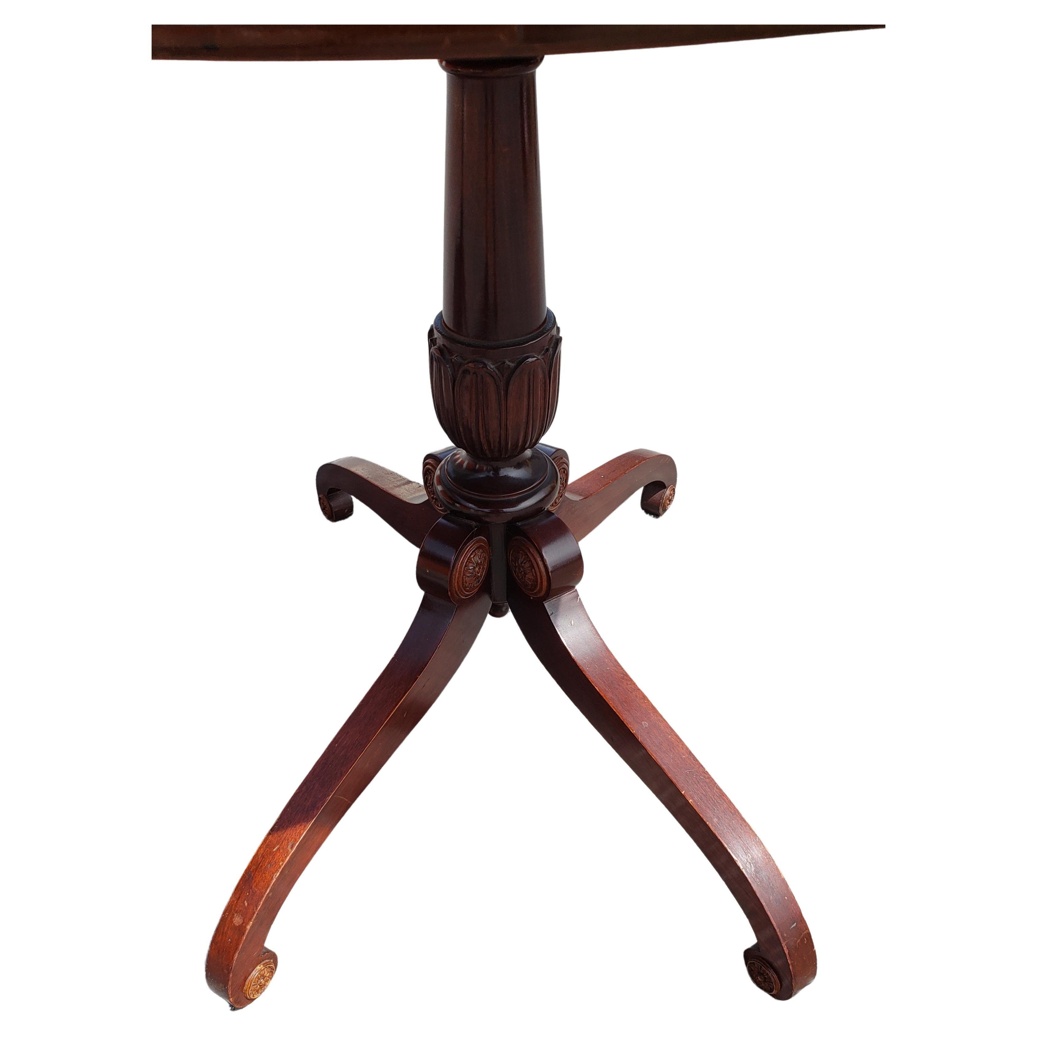 20th Century French Regency Mahogany Quad Feet Pedestal Leather Top Tray Table Tea Table