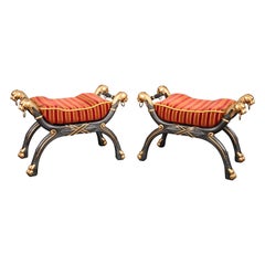 French Regency Pair of Ebonized Giltwood Stools Benches with Lion Heads