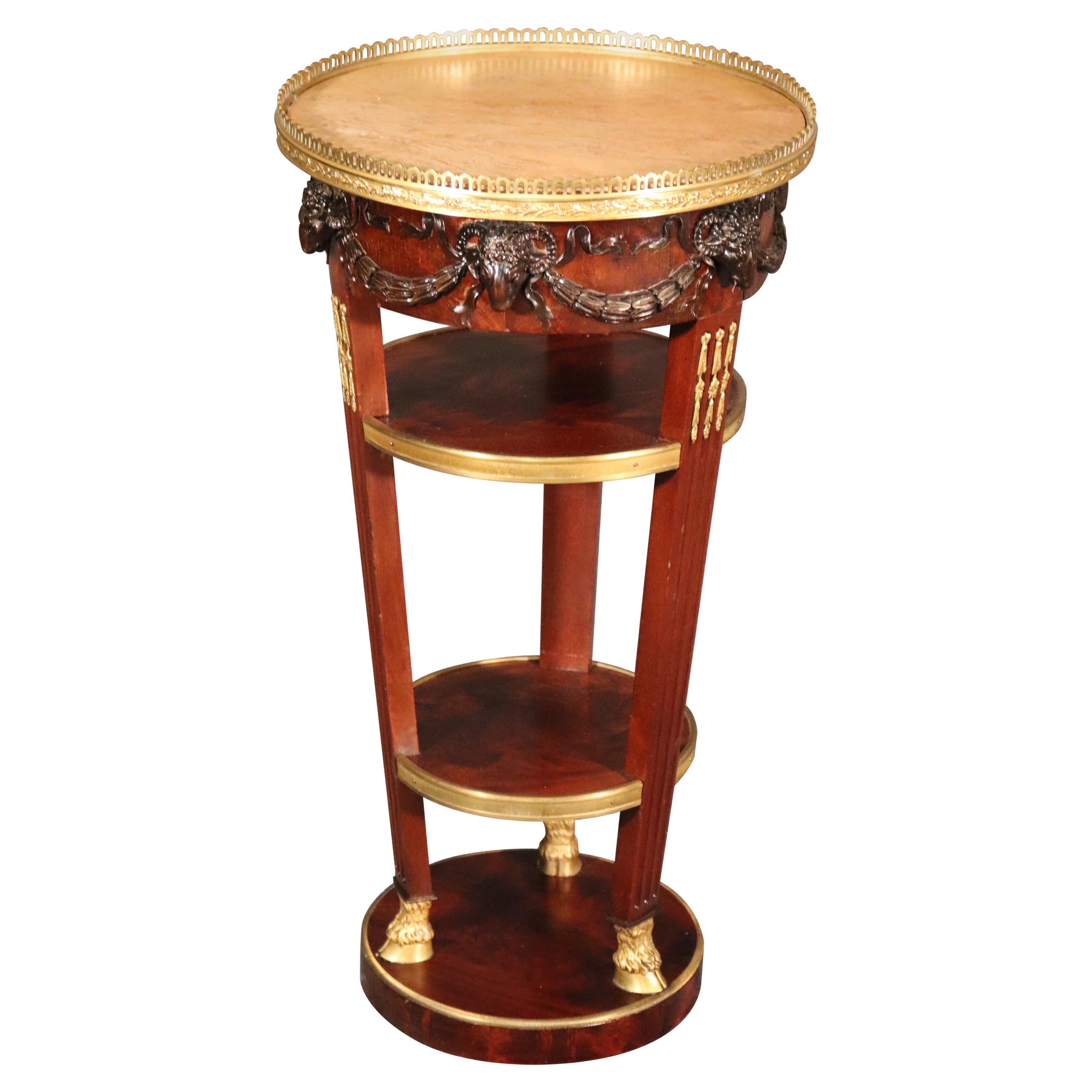 French Regency Rams Head Carved Walnut Marble and Brass End Table, circa 1890