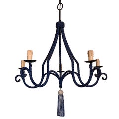 French Regency Silk-Wrapped Navy Blue Tassel Chandelier 5-Arm Fixture Modern