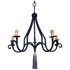 French Regency Silk-Wrapped Navy Blue Tassel Chandelier 5-Arm Fixture Modern