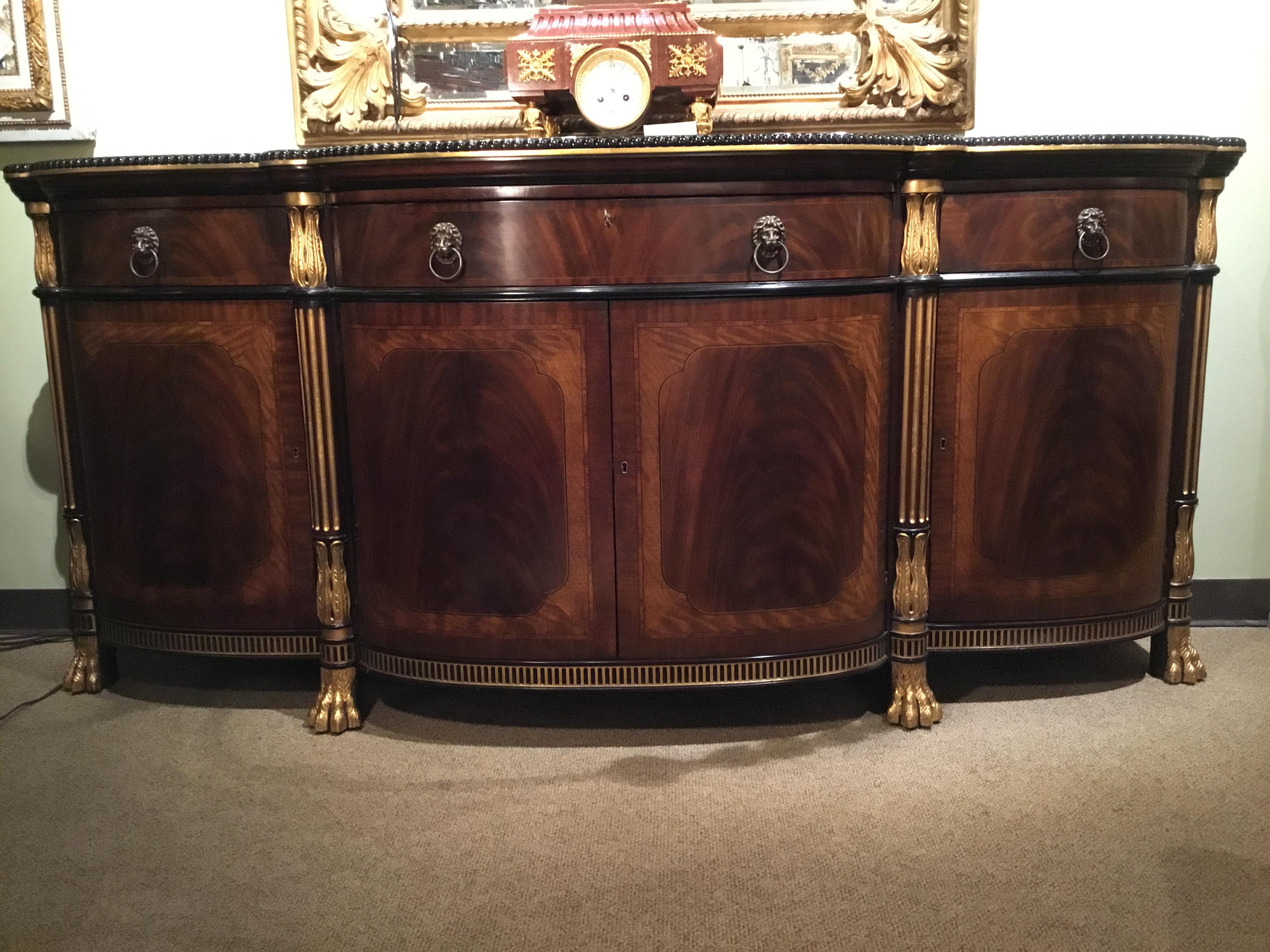 French Regency Style Buffet/Sideboard, Mahogany Woods and Veneers, Gilt Trim In Good Condition In Houston, TX