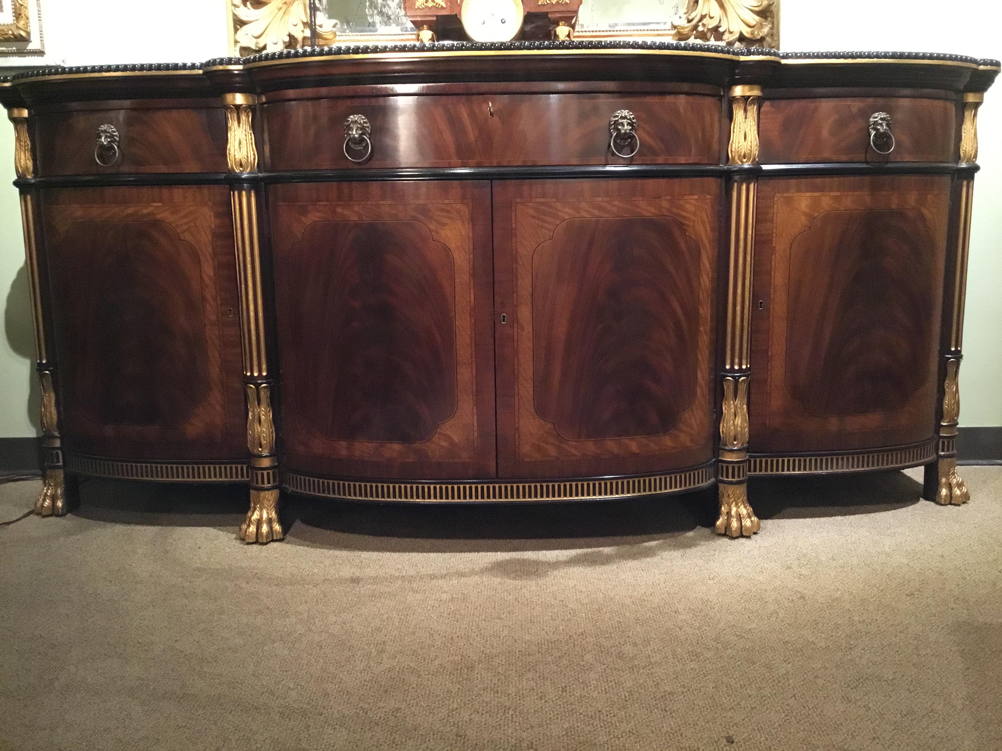 20th Century French Regency Style Buffet/Sideboard, Mahogany Woods and Veneers, Gilt Trim